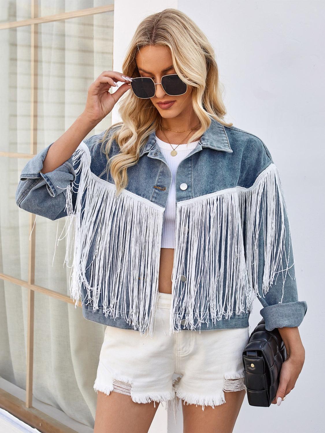 Tassel Button Up Dropped Shoulder Denim Jacket - ClubOn
