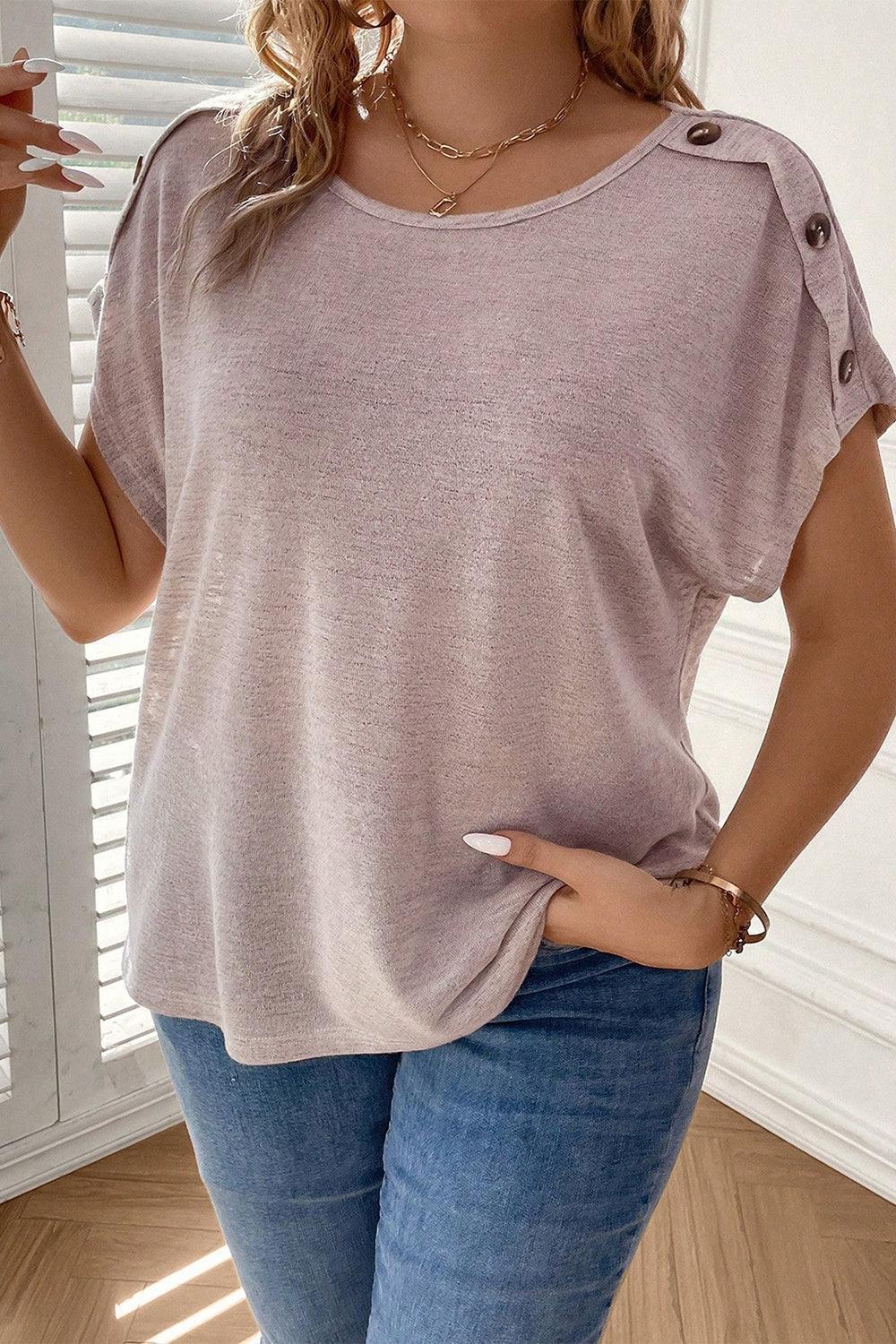 Plus Size Decorative Button Round Neck Short Sleeve T-Shirt - ClubOn