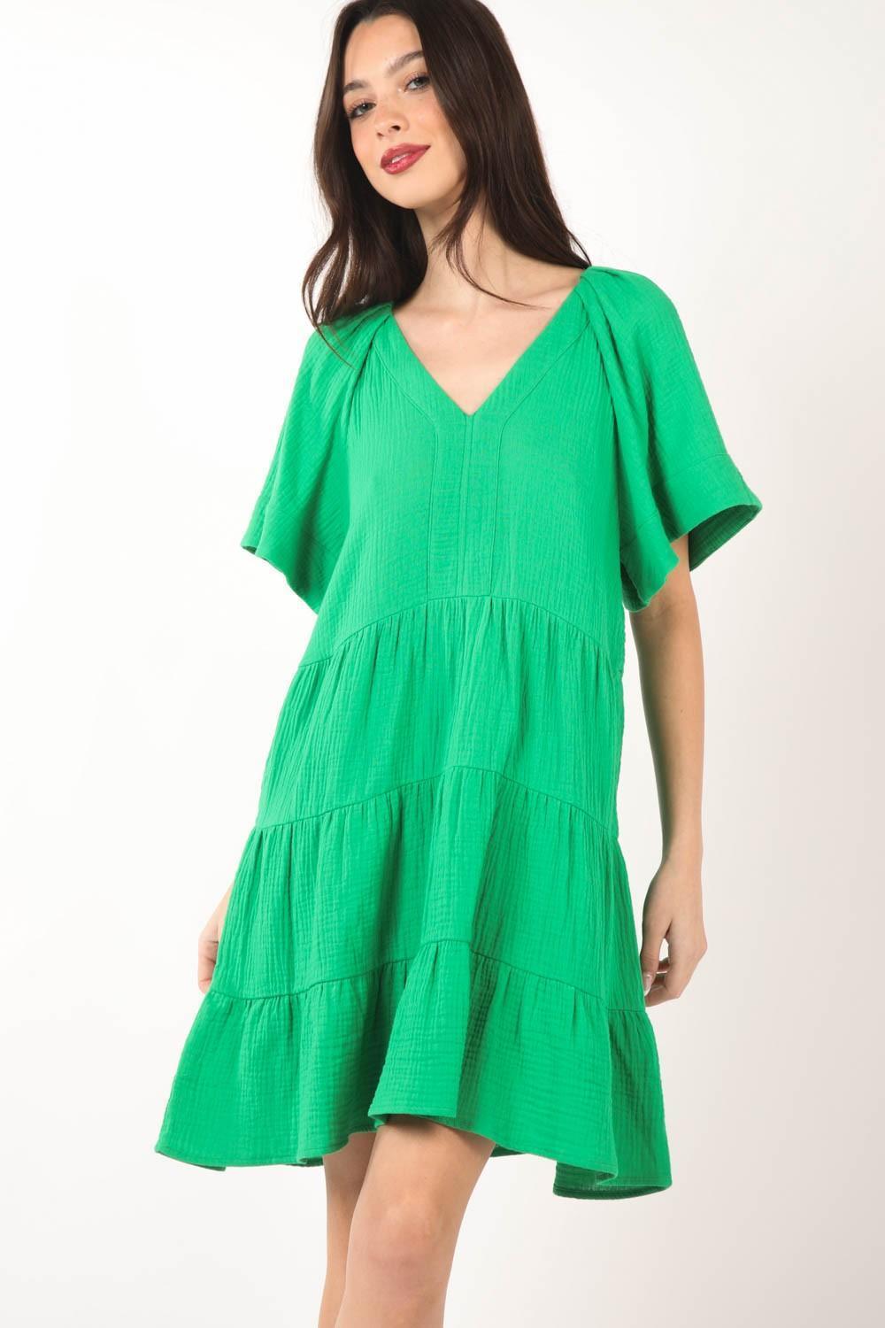 VERY J Texture V-Neck Ruffled Tiered Dress - ClubOn
