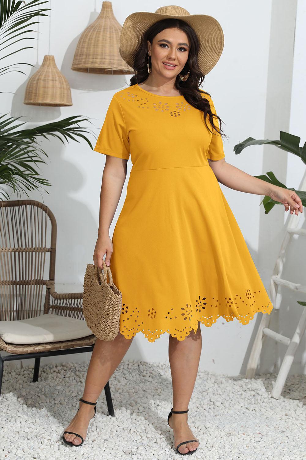 Plus Size Round Neck Openwork Dress - ClubOn