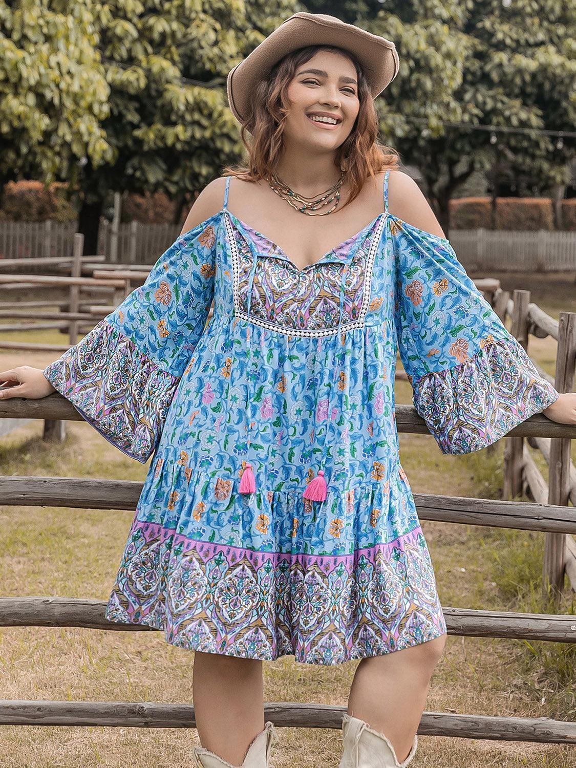 Plus Size Printed Long Sleeve Mini Dress - ClubOn