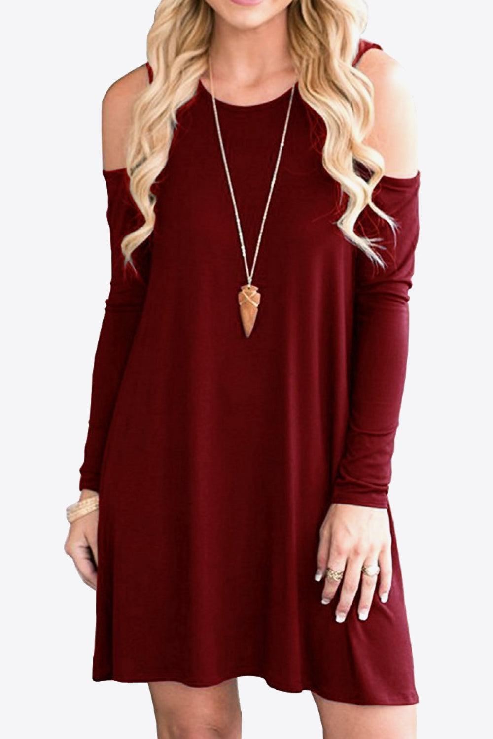 Cold-Shoulder Long Sleeve Round Neck Dress - ClubOn