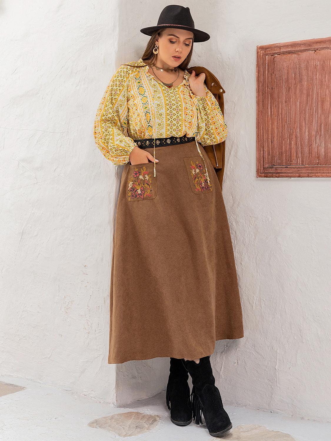 Plus Size Embroidered Pocketed High Waist Skirt - ClubOn
