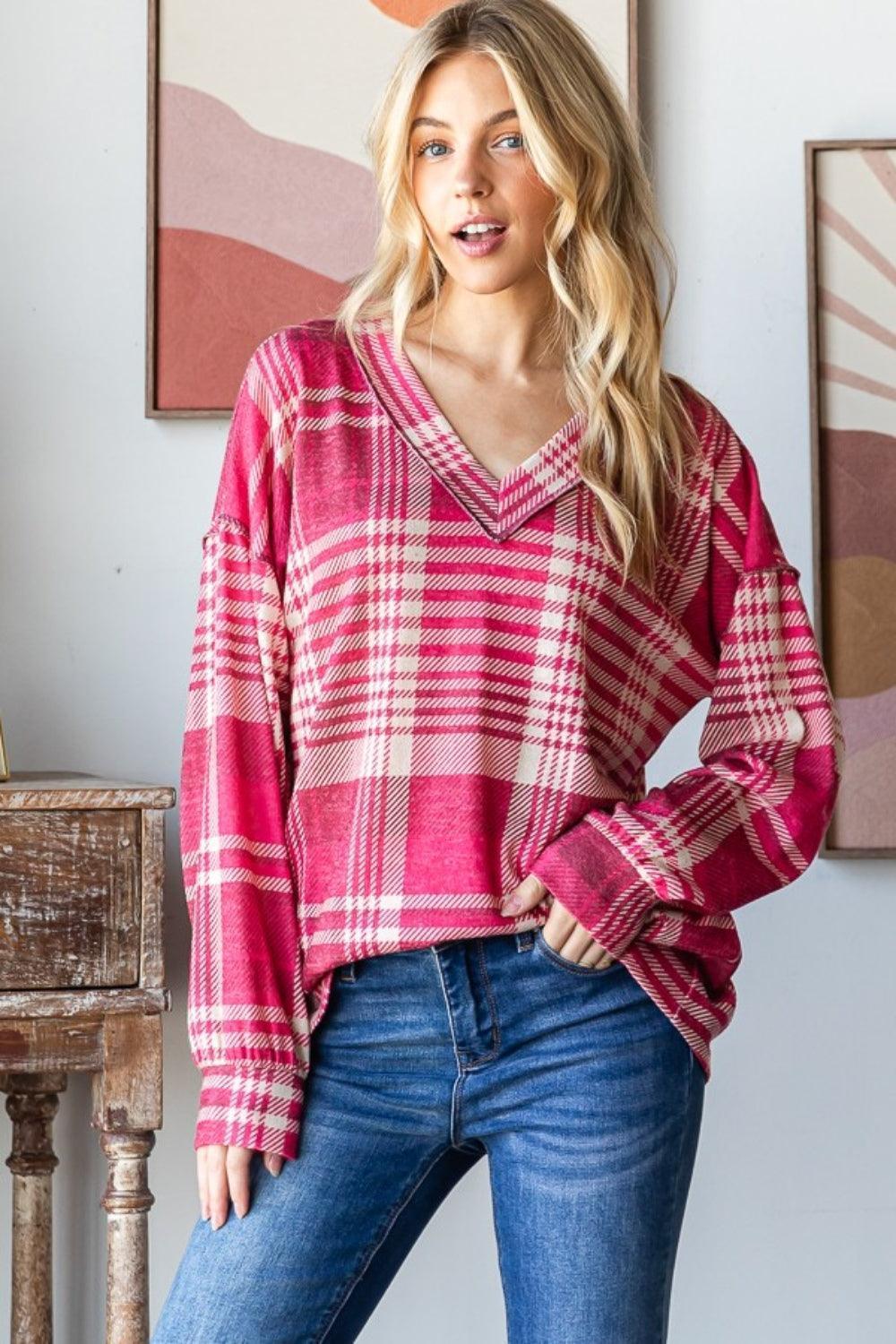 Heimish Plaid Drop Shoulder V-Neck T-Shirt - ClubOn