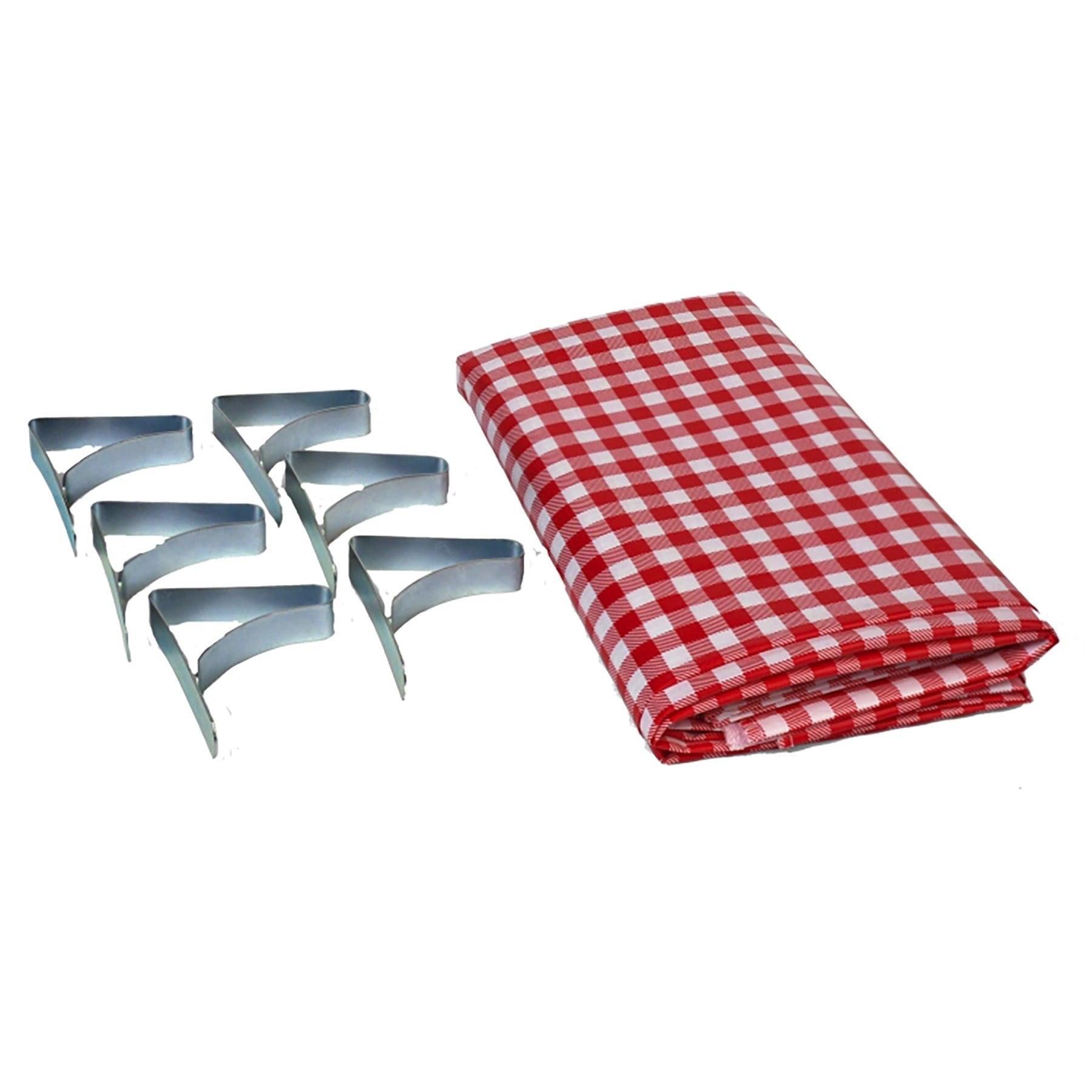 Coghlan's Picnic Combo Pack: Red & White Checkered Vinyl Tablecloth & 6 Stainless Steel Clamps (54” x 72”) - ClubOn