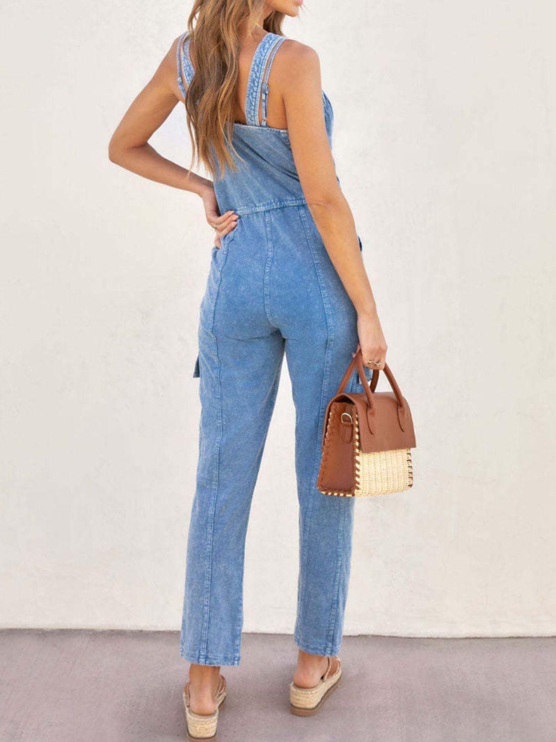 V-Neck Sleeveless Denim Jumpsuit - ClubOn