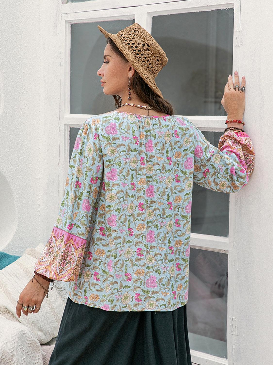 Plus Size Tie Neck Tassel Printed Blouse - ClubOn