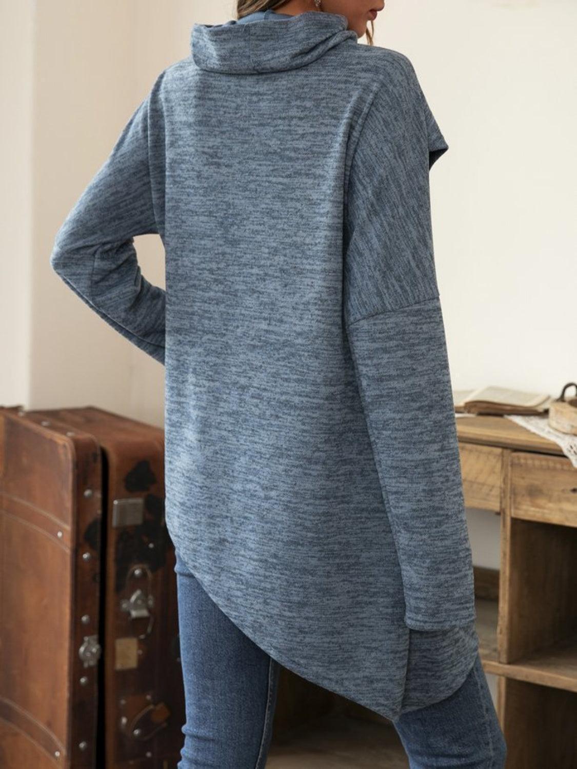 Asymmetrical Hem Cowl Neck Long Sleeve T-Shirt - ClubOn