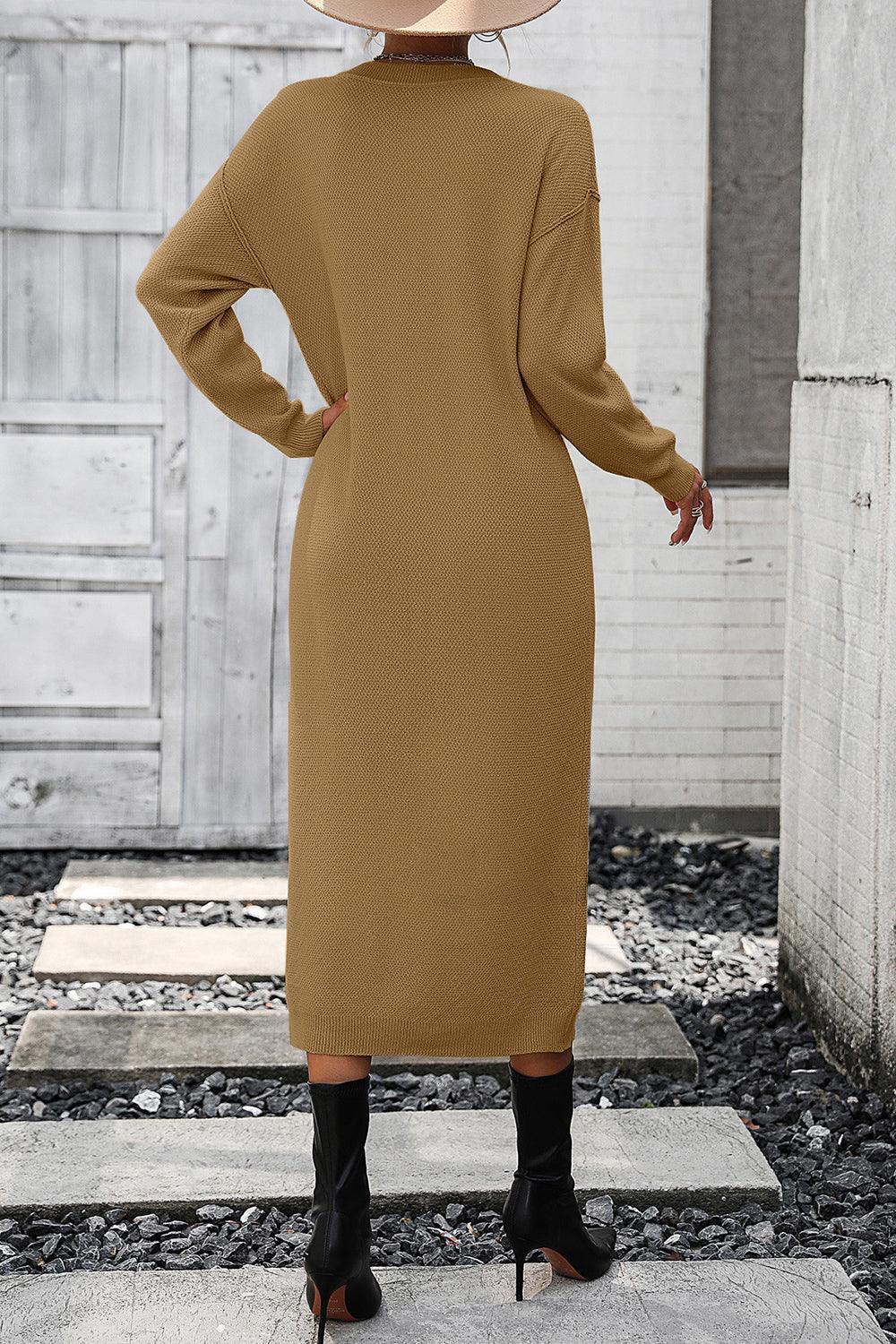Decorative Button Notched Dropped Shoulder Sweater Dress - ClubOn