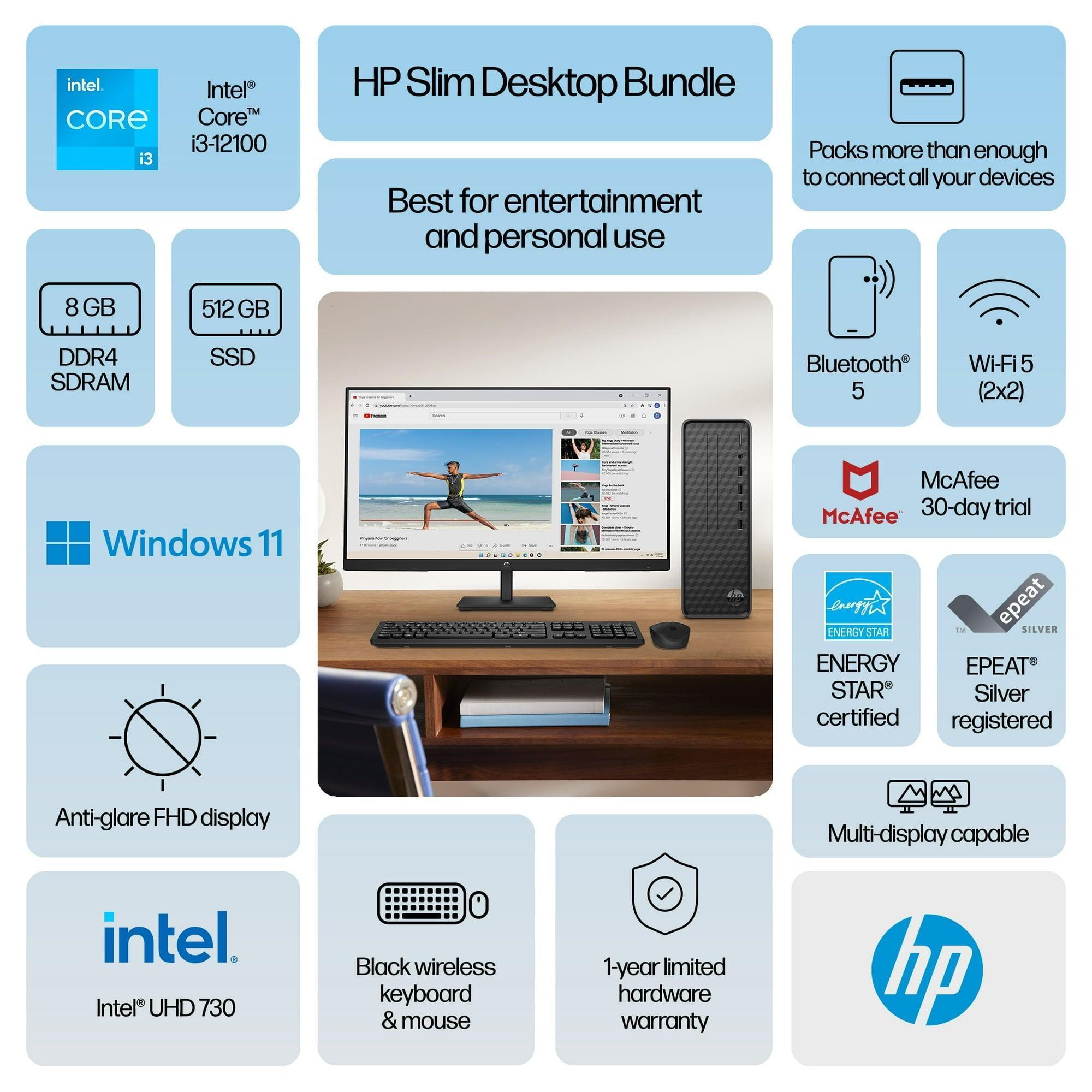 HP 27-inch Monitor & Slim Windows Desktop Bundle, Intel Core i3-12100, 8GB RAM, 512GB SSD, Black - ClubOn