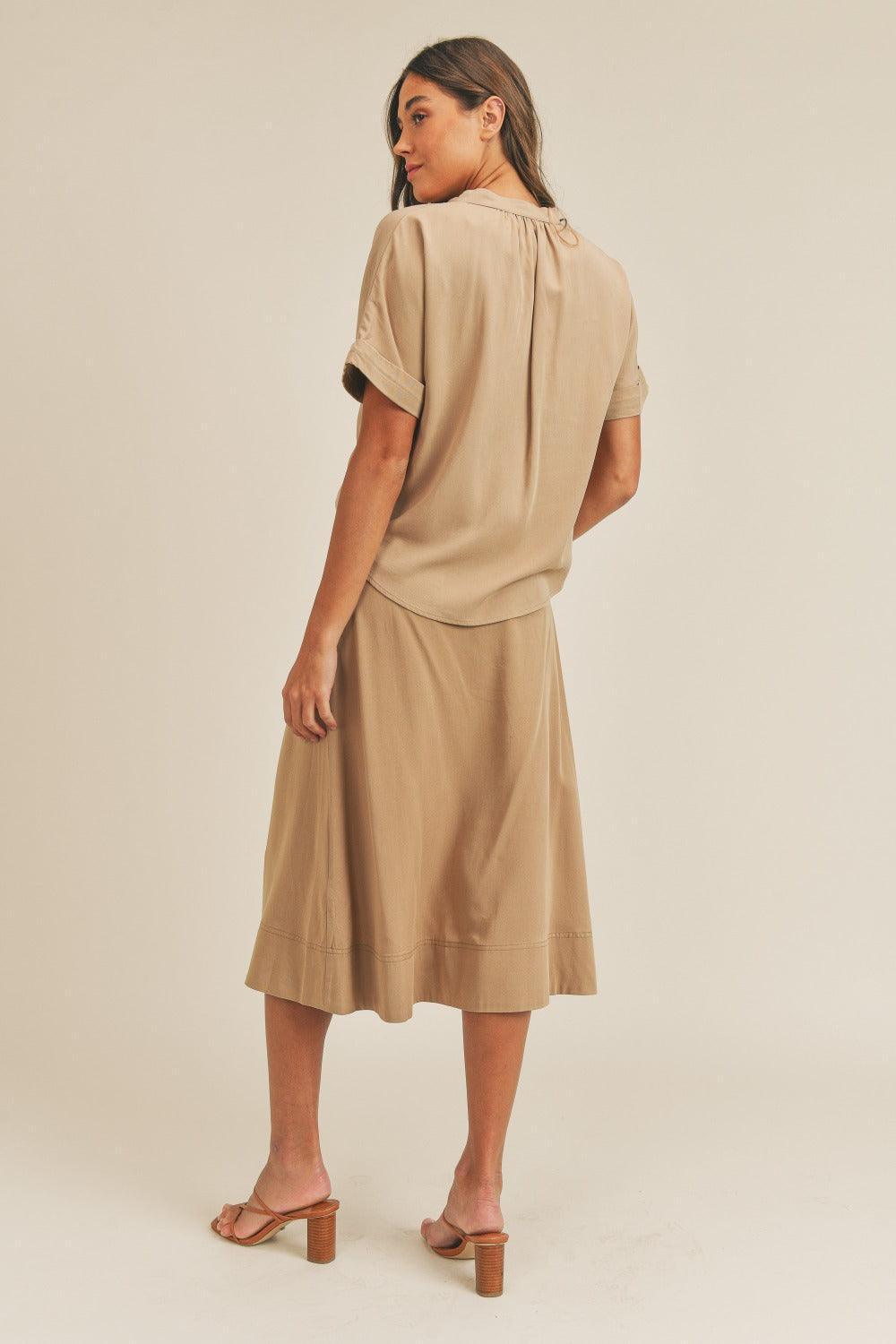 MABLE Short Sleeve Top & Button Down Midi Skirt Set - ClubOn