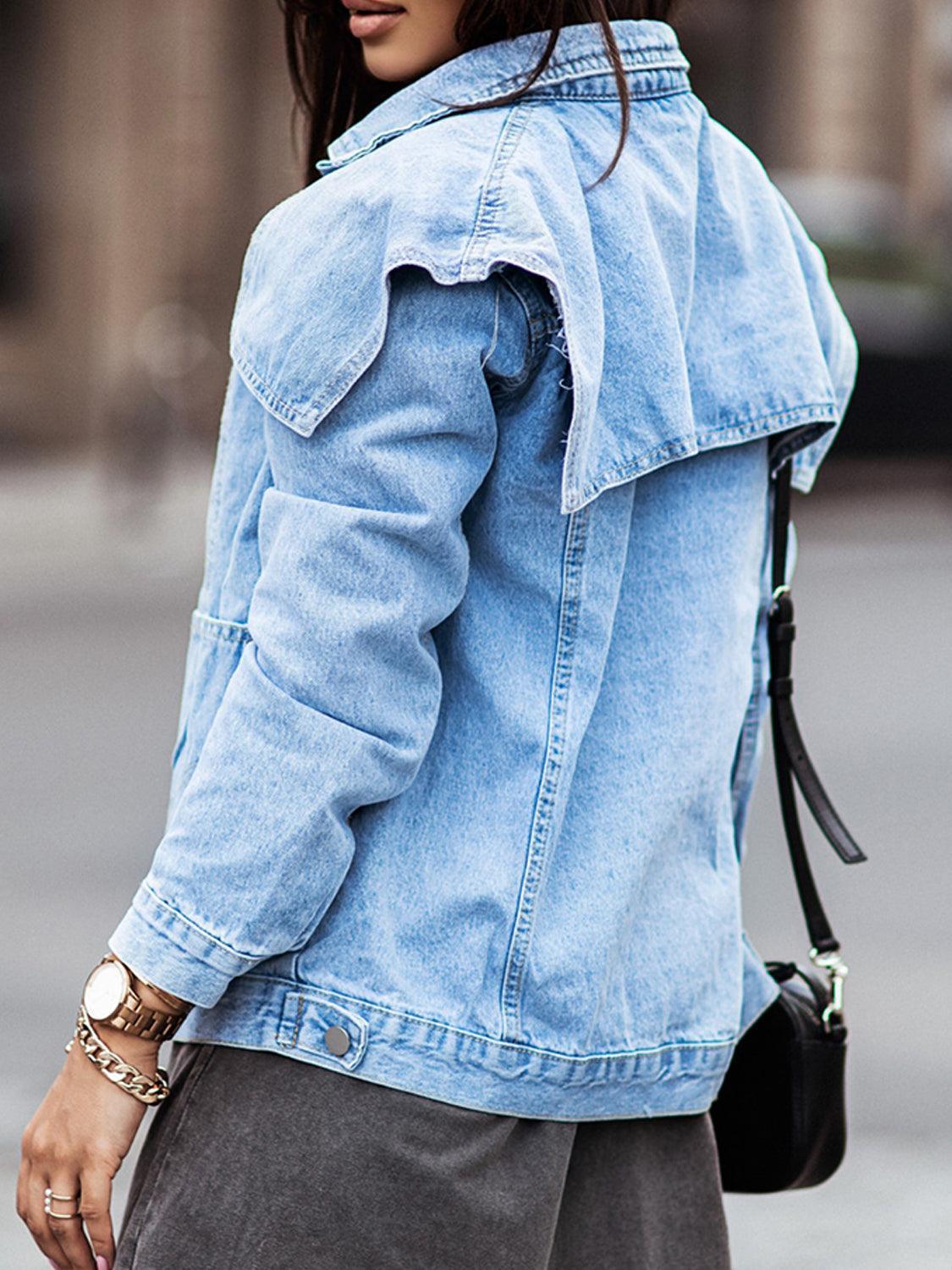 Collared Neck Button Down Denim Jacket - ClubOn