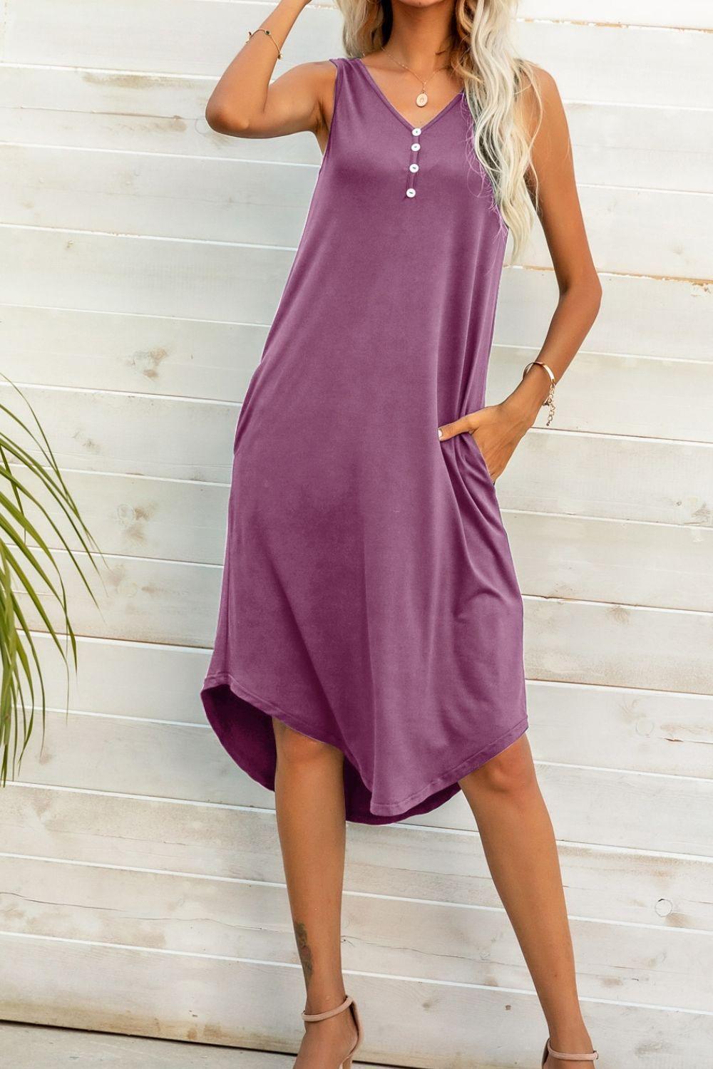 Buttoned V-Neck Curved Hem Sleeveless Dress - ClubOn