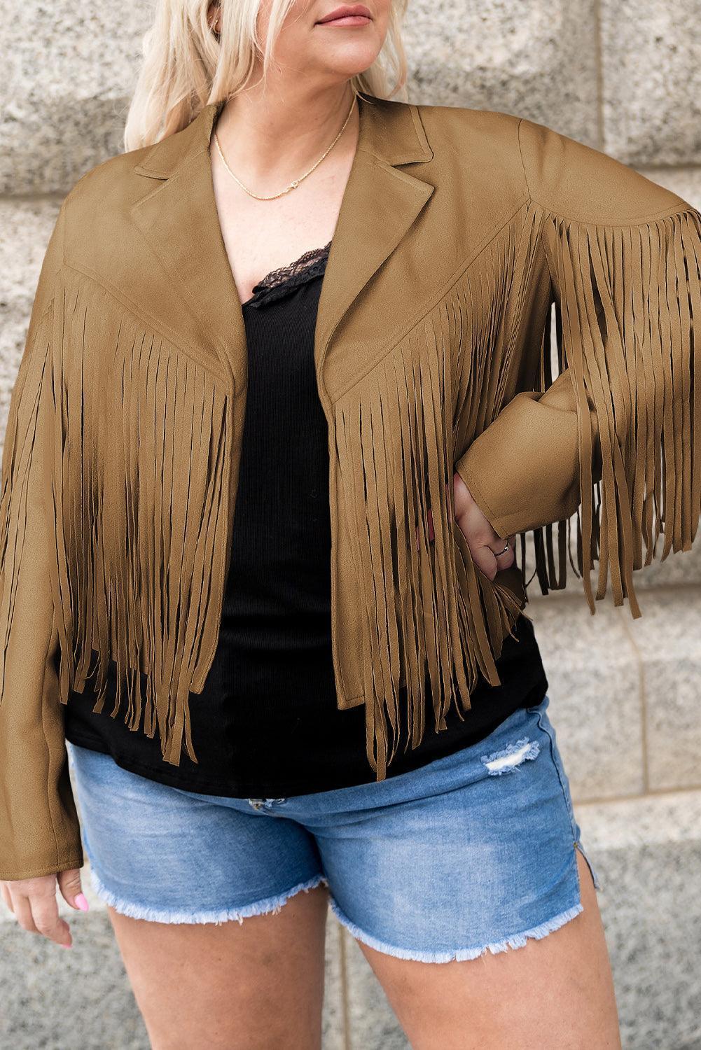 Plus Size Fringe Open Front Jacket - ClubOn