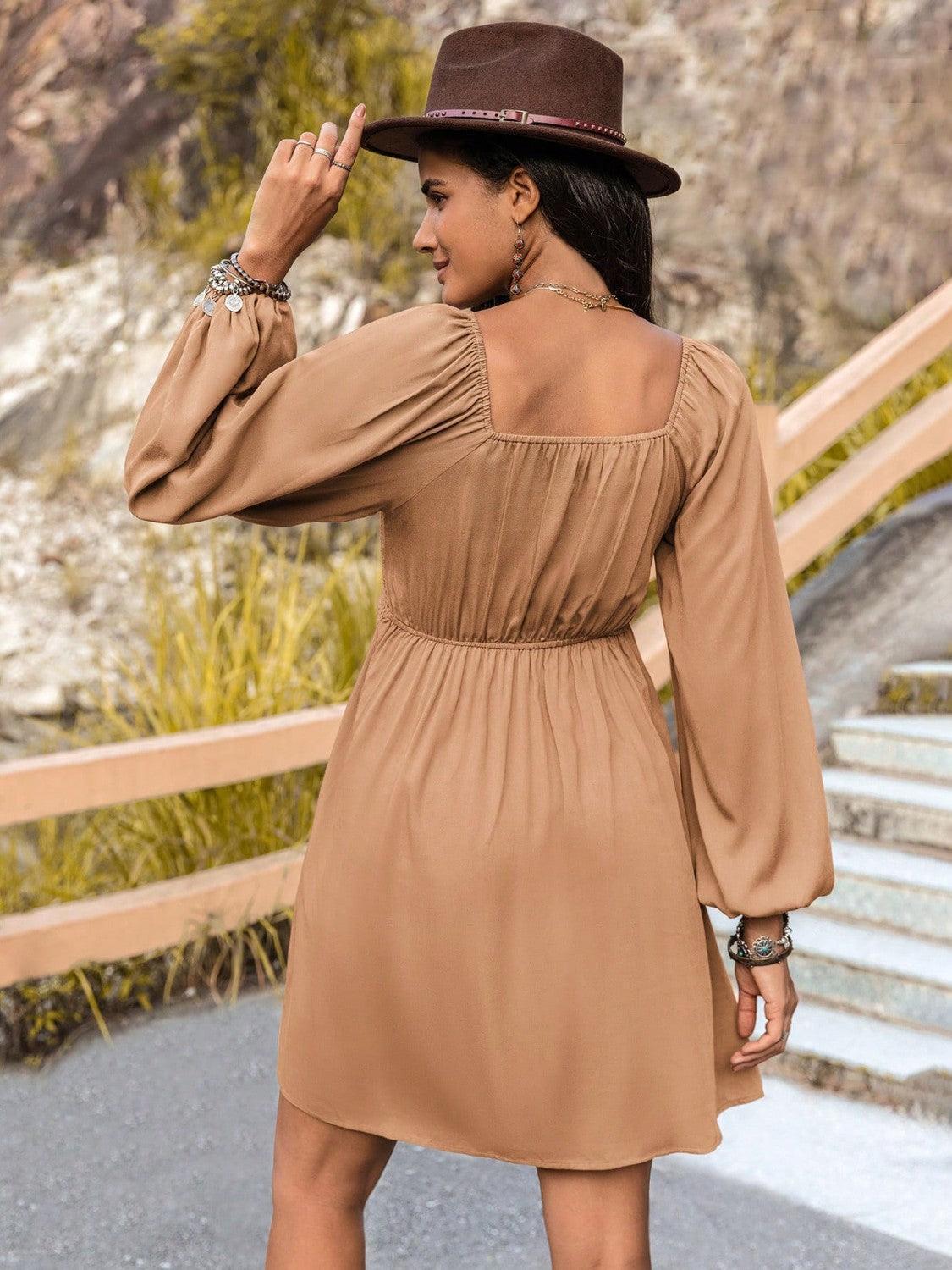 Crochet V-Neck Balloon Sleeve Dress - ClubOn