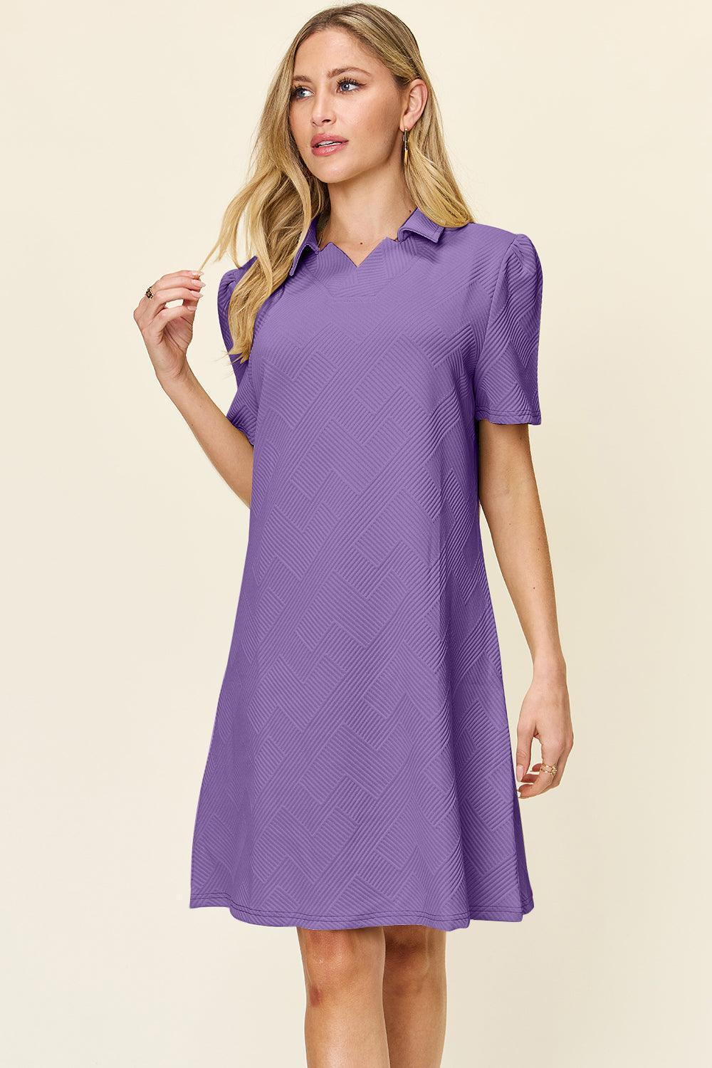 Double Take Full Size Texture Collared Neck Short Sleeve Dress - ClubOn