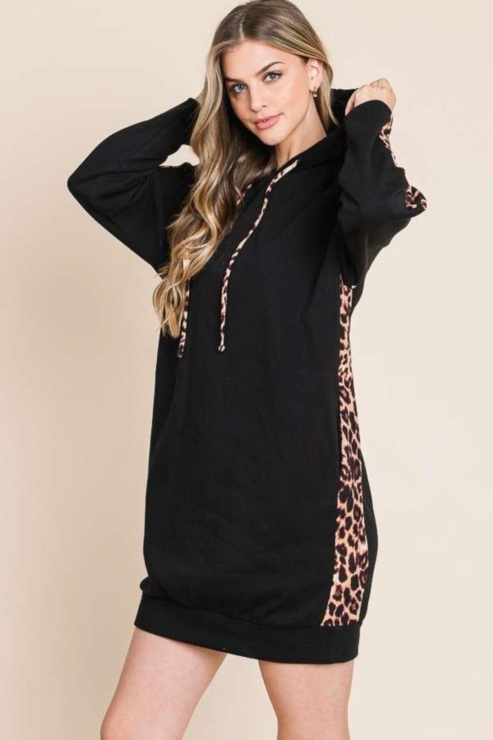 Culture Code Drawstring Leopard Long Sleeve Hooded Dress - ClubOn