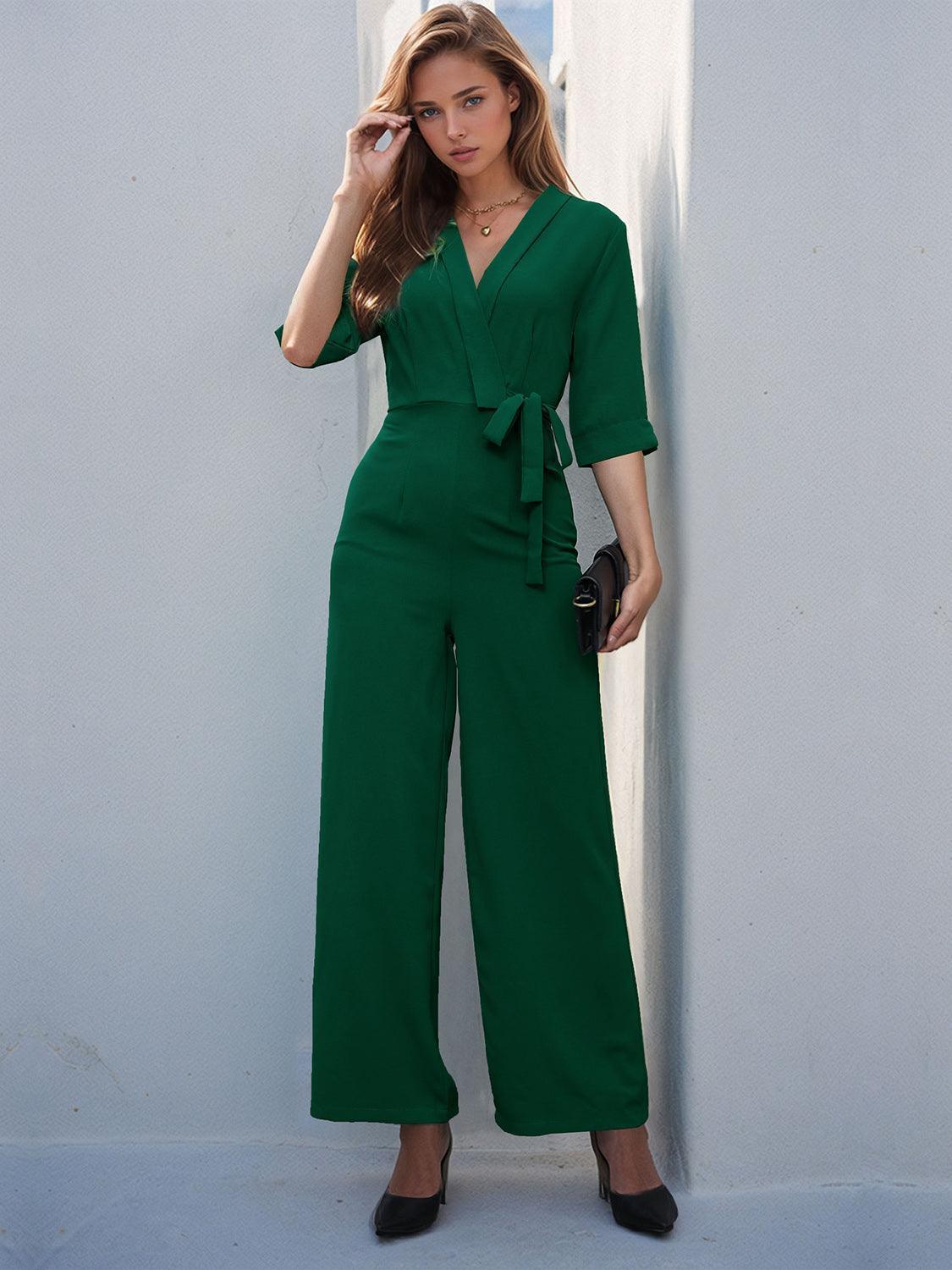 Perfee Surplice Half Sleeve Wide Leg Jumpsuit - ClubOn
