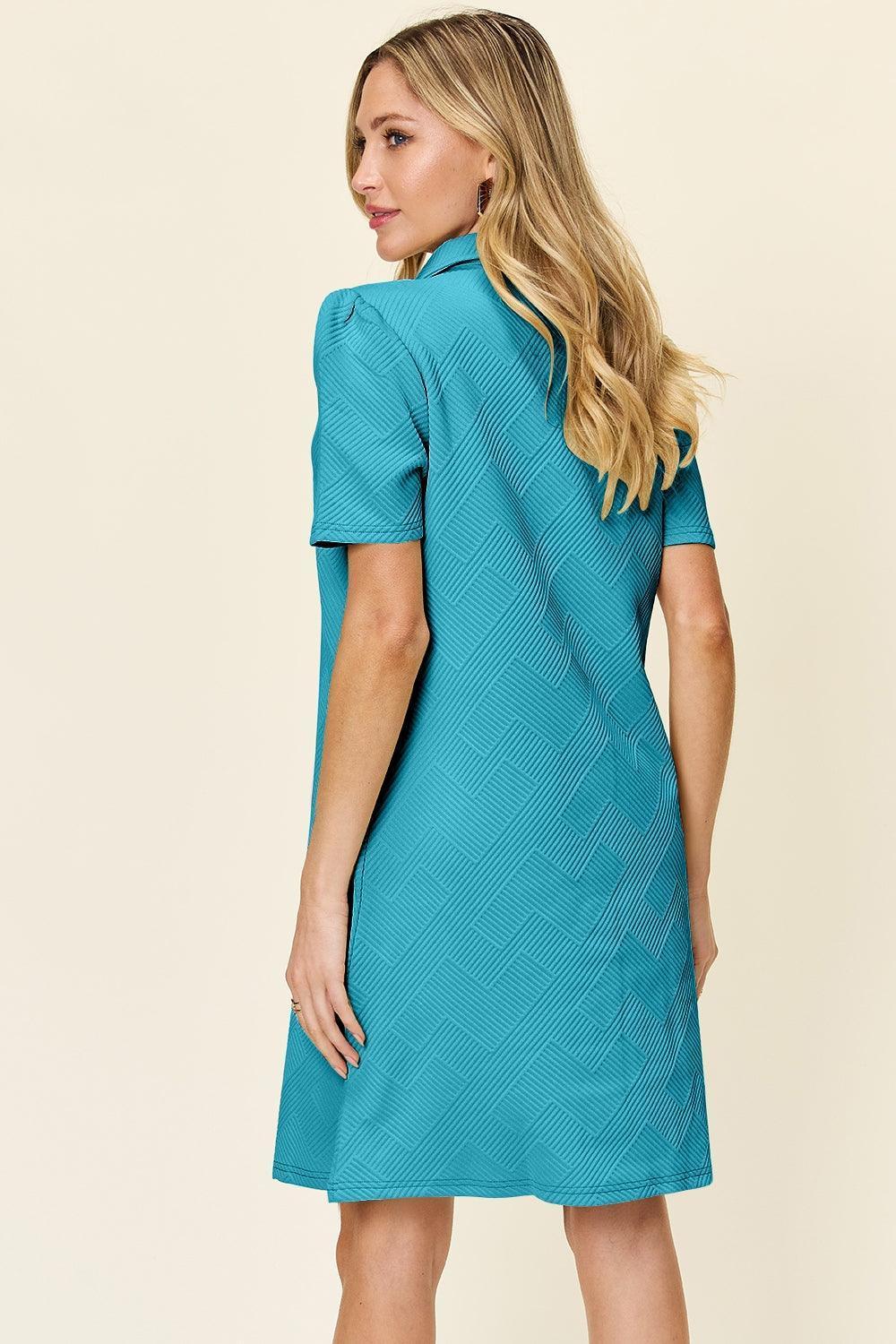 Double Take Full Size Texture Collared Neck Short Sleeve Dress - ClubOn
