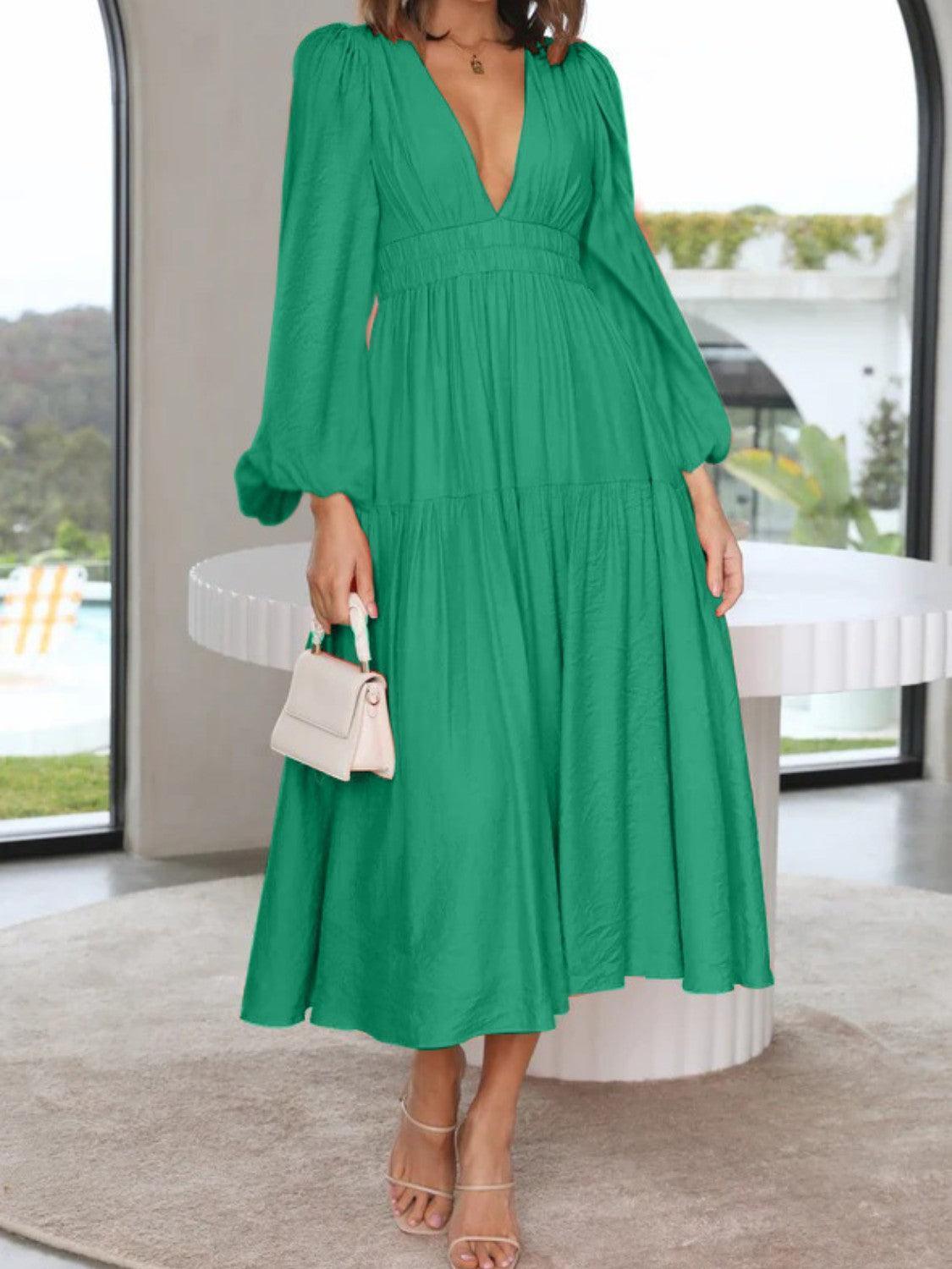 Deep V-Neck Balloon Sleeve Plain Maxi Dress - ClubOn