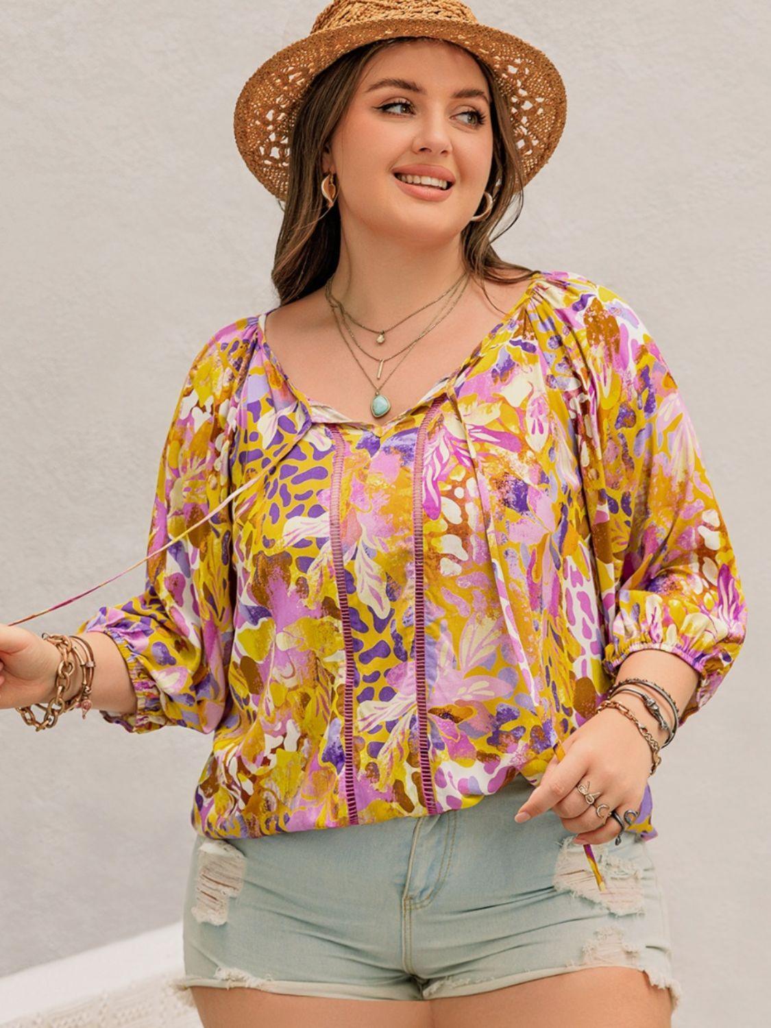 Plus Size Printed Tie Neck Blouse - ClubOn
