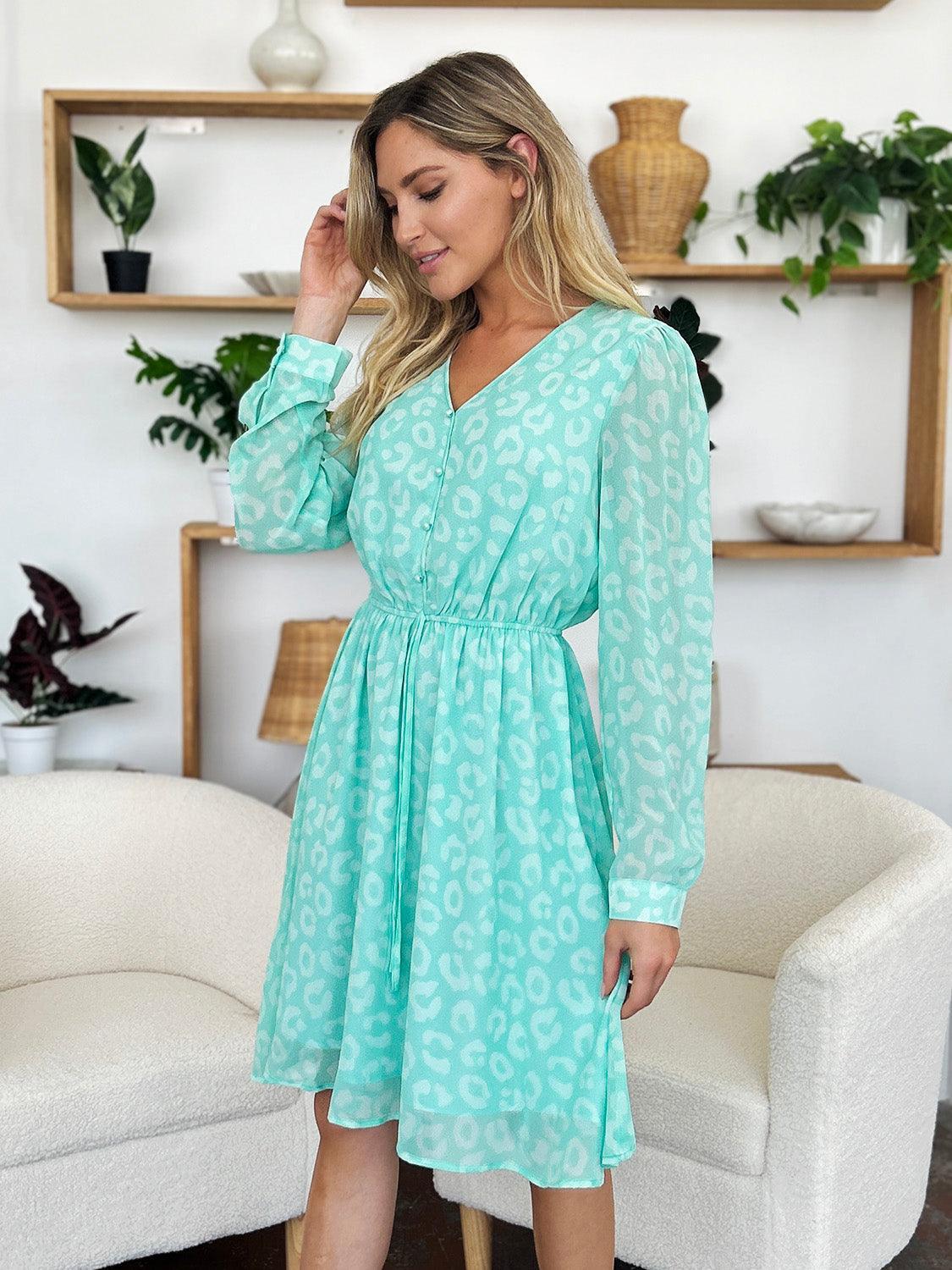 Double Take Full Size Printed Ruched V-Neck Long Sleeve Dress - ClubOn