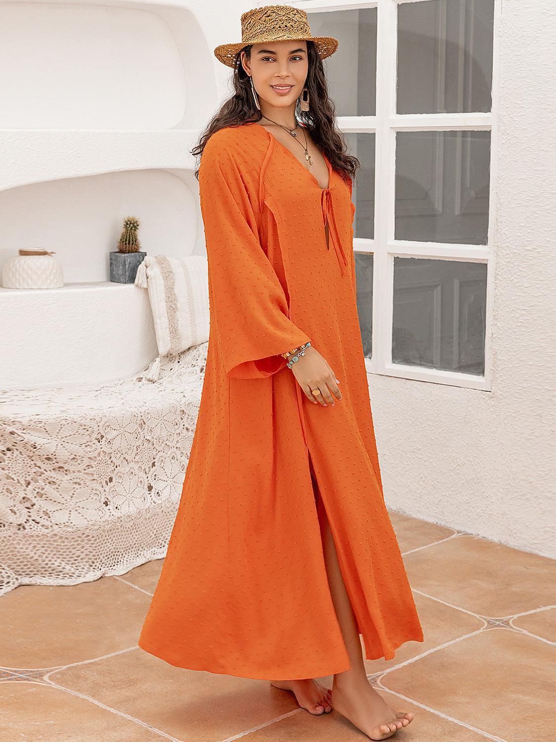 Plus Size Tie Neck Long Sleeve Slit Dress - ClubOn