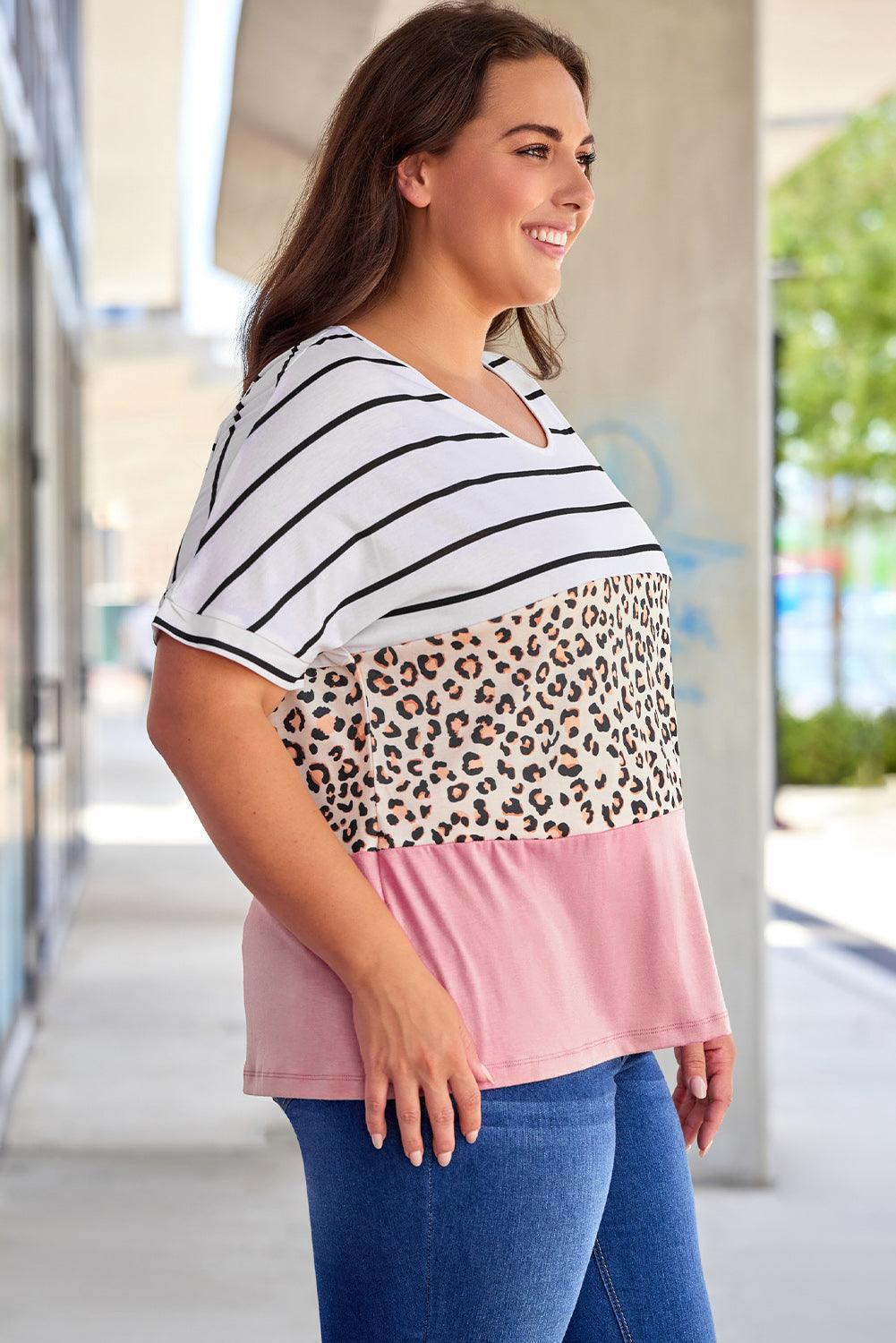 Plus Size Striped Leopard Round Neck Half Sleeve T-Shirt - ClubOn