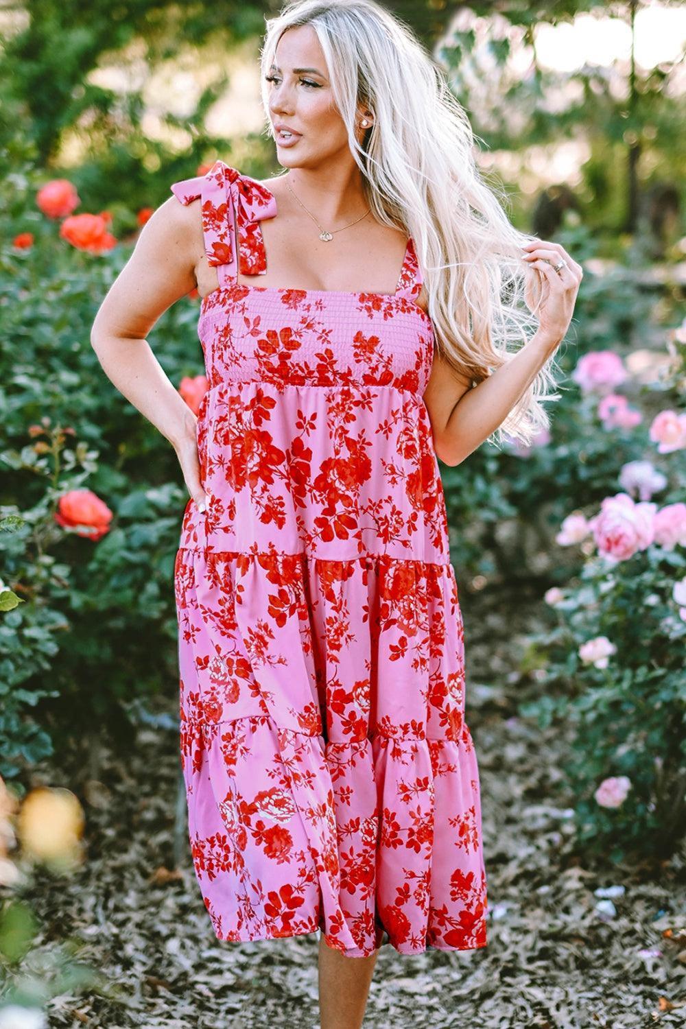 Tied Printed Sleeveless Tiered Dress - ClubOn