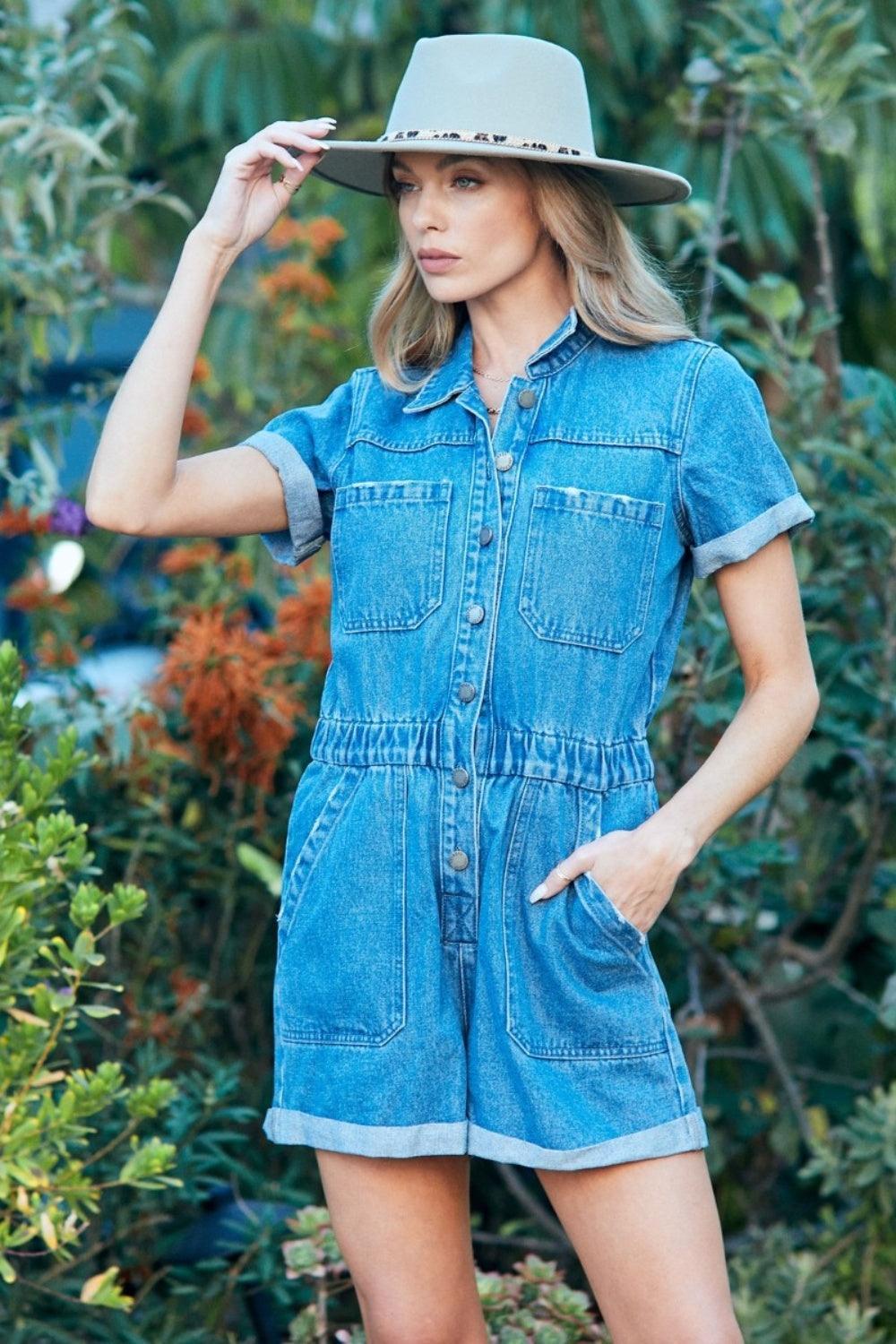Veveret Elastic Waistband Denim Romper - ClubOn