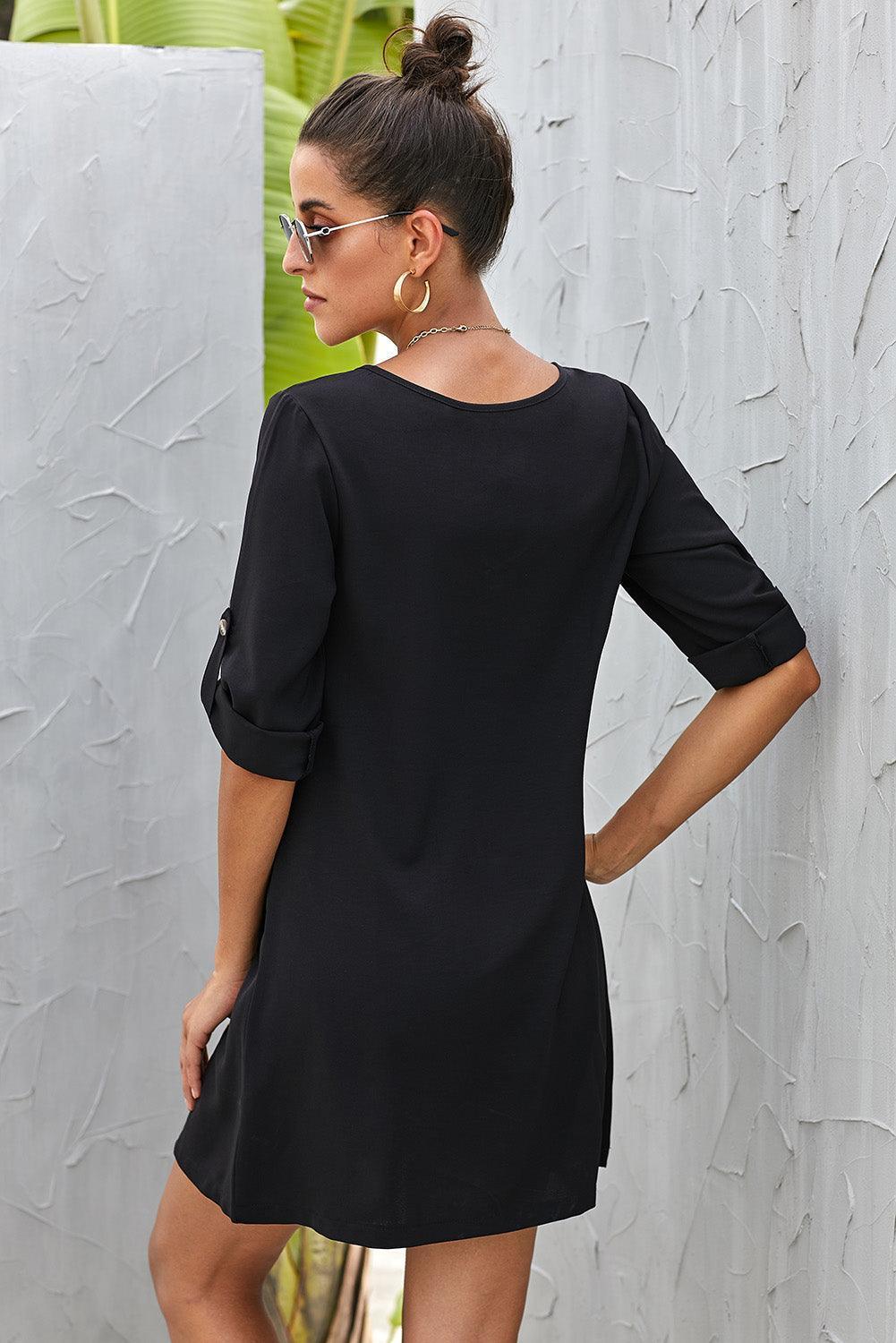 Buttoned V-Neck Dress - ClubOn