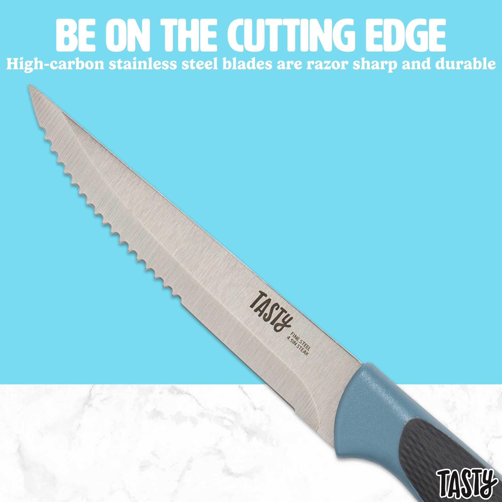 Tasty 4-Piece Stainless Steel Steak Knife Set – Serrated Edge, Blue - ClubOn