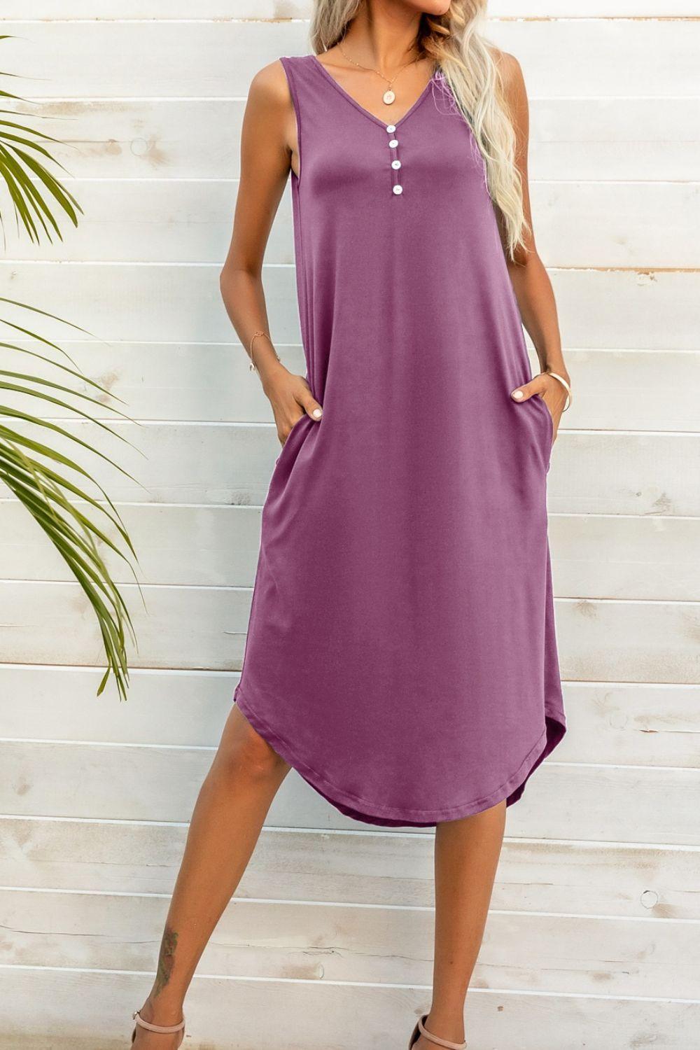 Buttoned V-Neck Curved Hem Sleeveless Dress - ClubOn