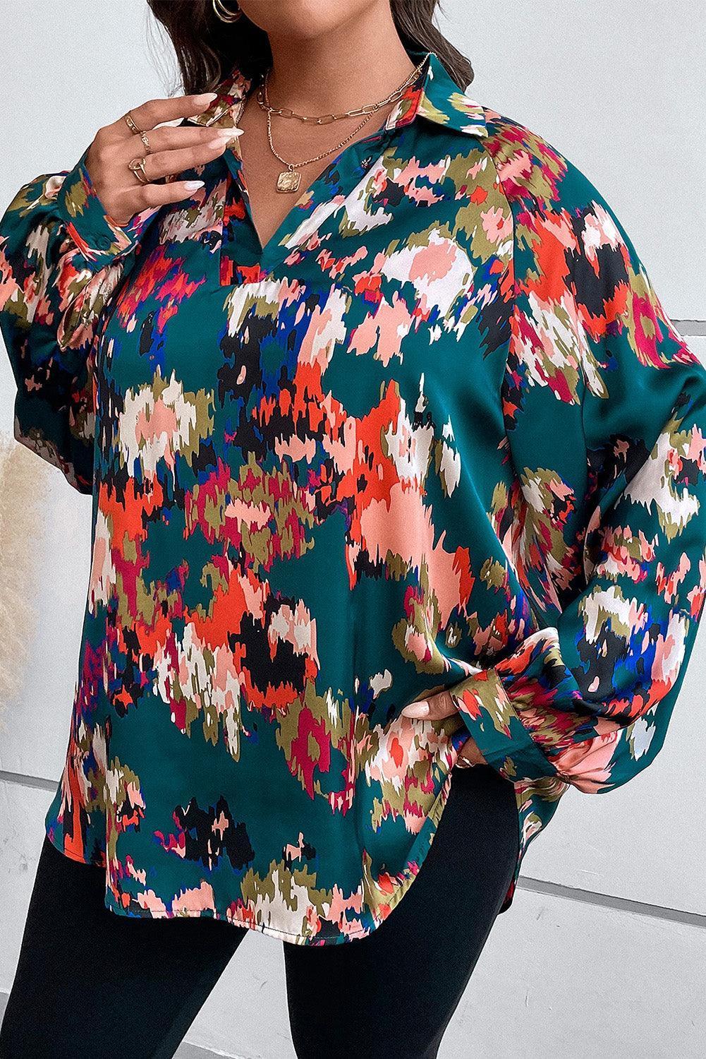 Plus Size Printed Johnny Collar Long Sleeve Blouse - ClubOn
