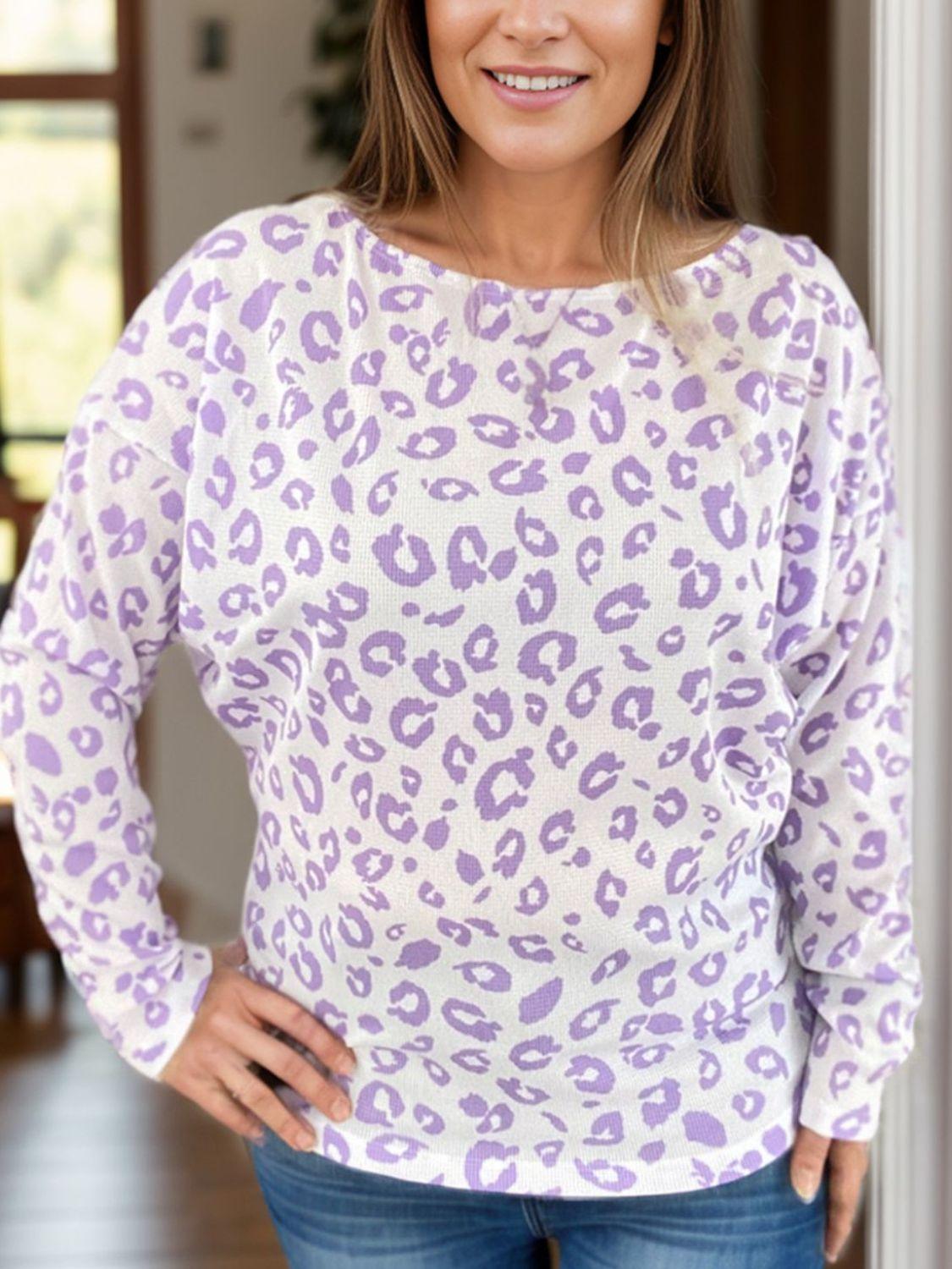 Plus Size Leopard Round Neck Long Sleeve Top - ClubOn