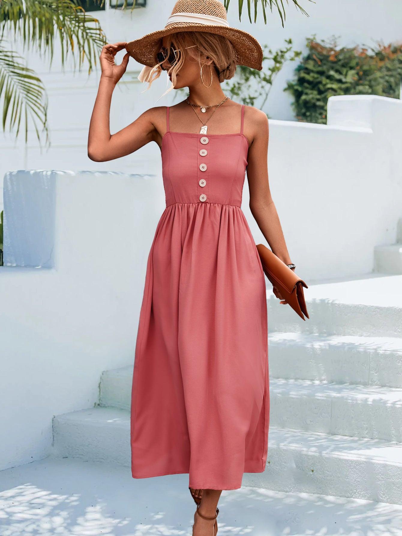 Decorative Button Spaghetti Strap Midi Dress - ClubOn