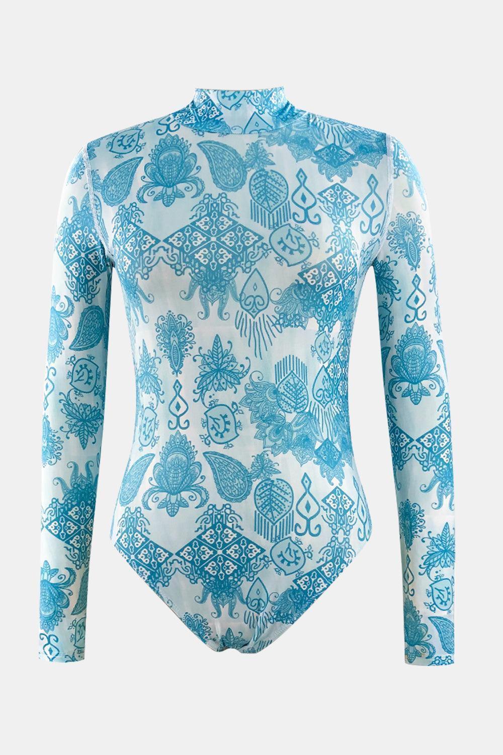 Printed Mock Neck Long Sleeve One-Piece Swimwear - ClubOn
