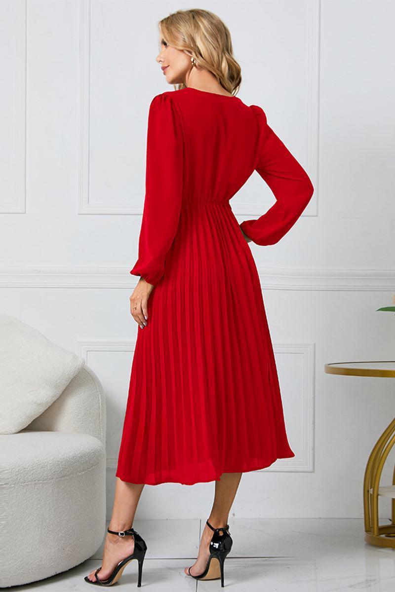 V-Neck Long Sleeve Tie Waist Midi Dress - ClubOn