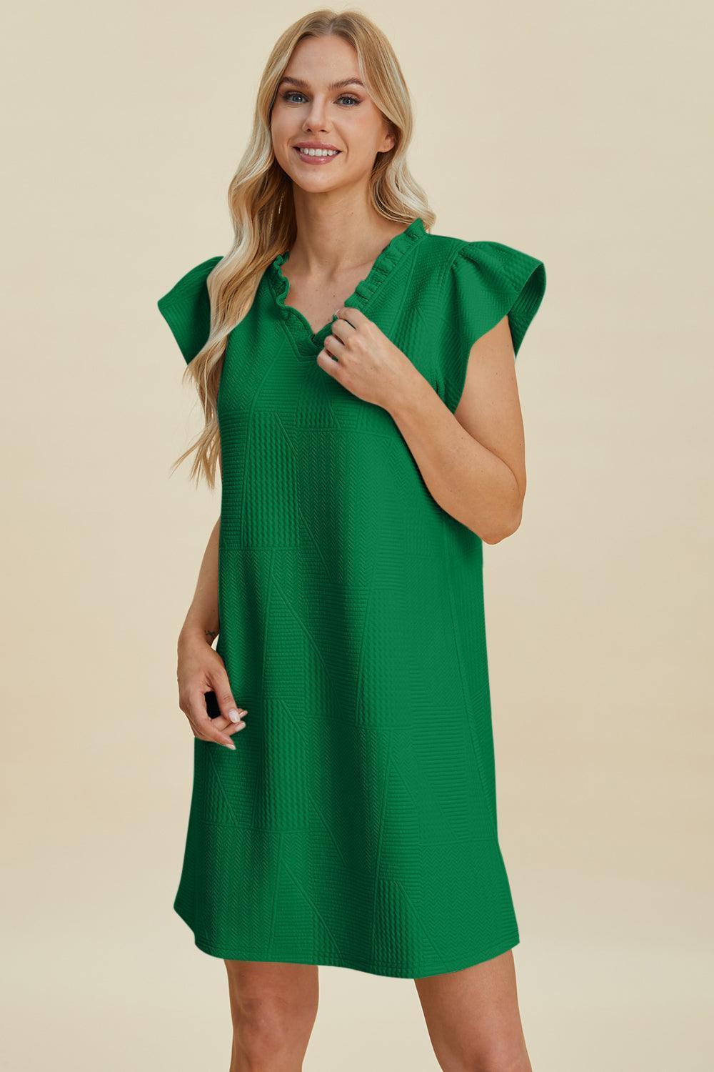 Double Take Full Size Ruffled V-Neck Cap Sleeve Dress - ClubOn
