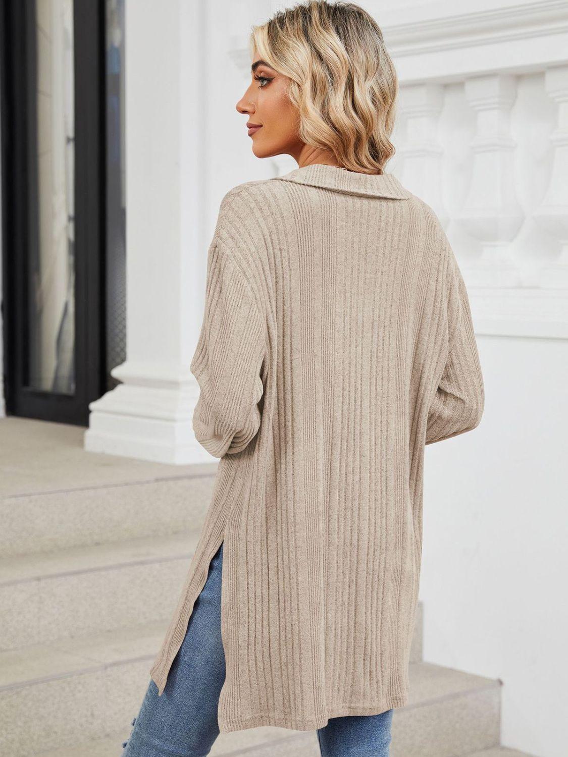 Slit Johnny Collar Long Sleeve T-Shirt - ClubOn