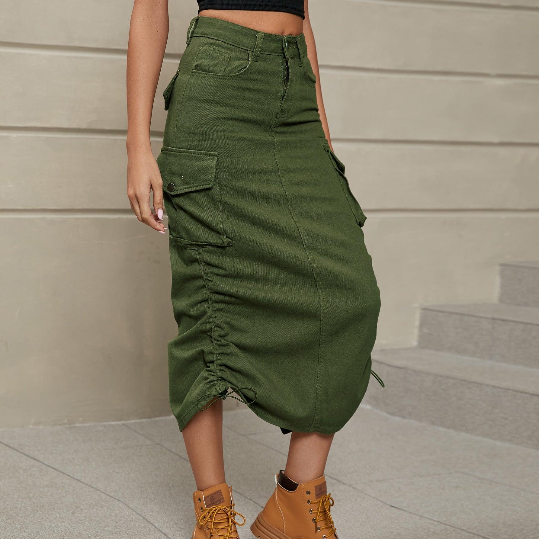 Drawstring Ruched Slit Denim Midi Skirt - ClubOn