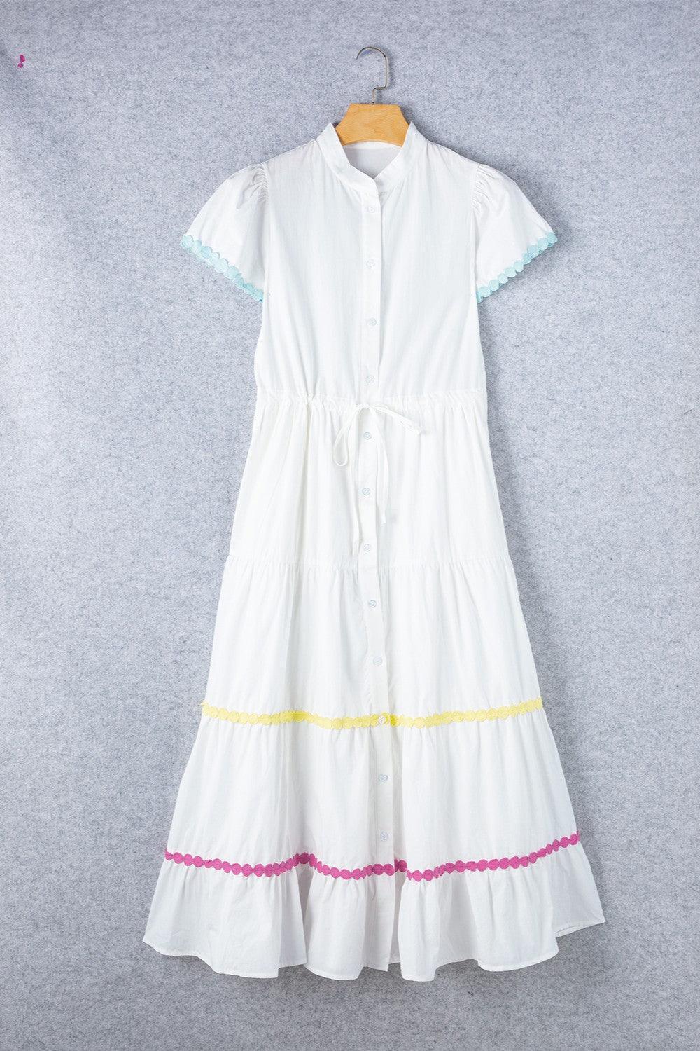 Contrast Trim Button Up Short Sleeve Dress - ClubOn