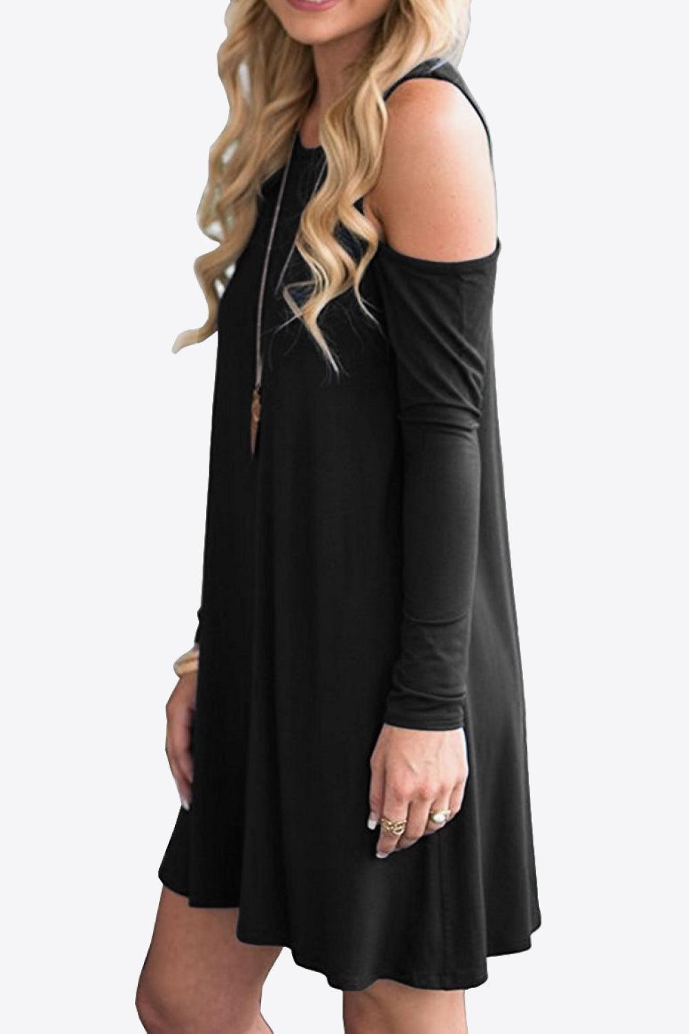 Cold-Shoulder Long Sleeve Round Neck Dress - ClubOn