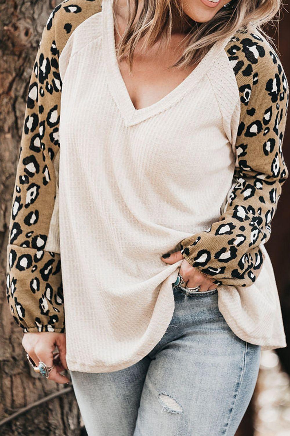 Plus Size Leopard V-Neck Raglan Sleeve Blouse - ClubOn