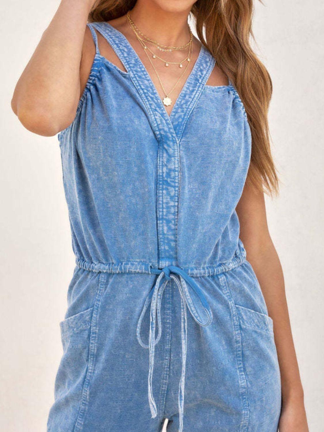 V-Neck Sleeveless Denim Jumpsuit - ClubOn