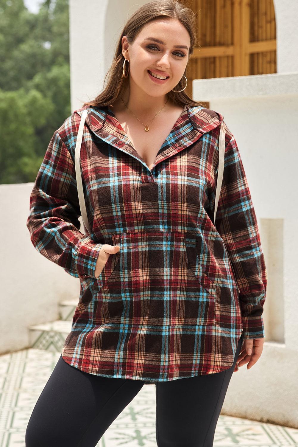 Plus Size Drawstring Plaid Quarter Button Hoodie - ClubOn