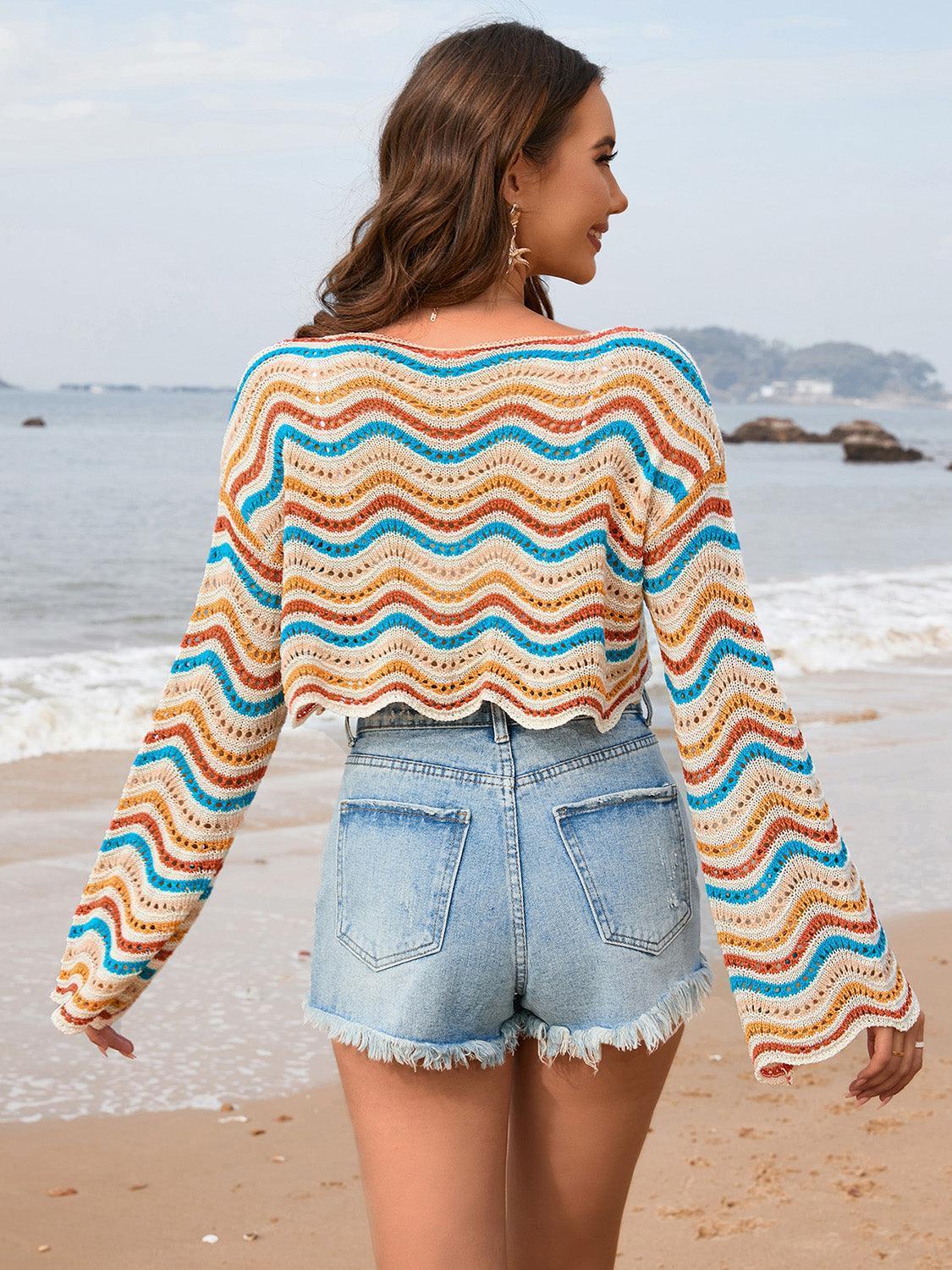 Striped Boat Neck Long Sleeve Cover Up - ClubOn