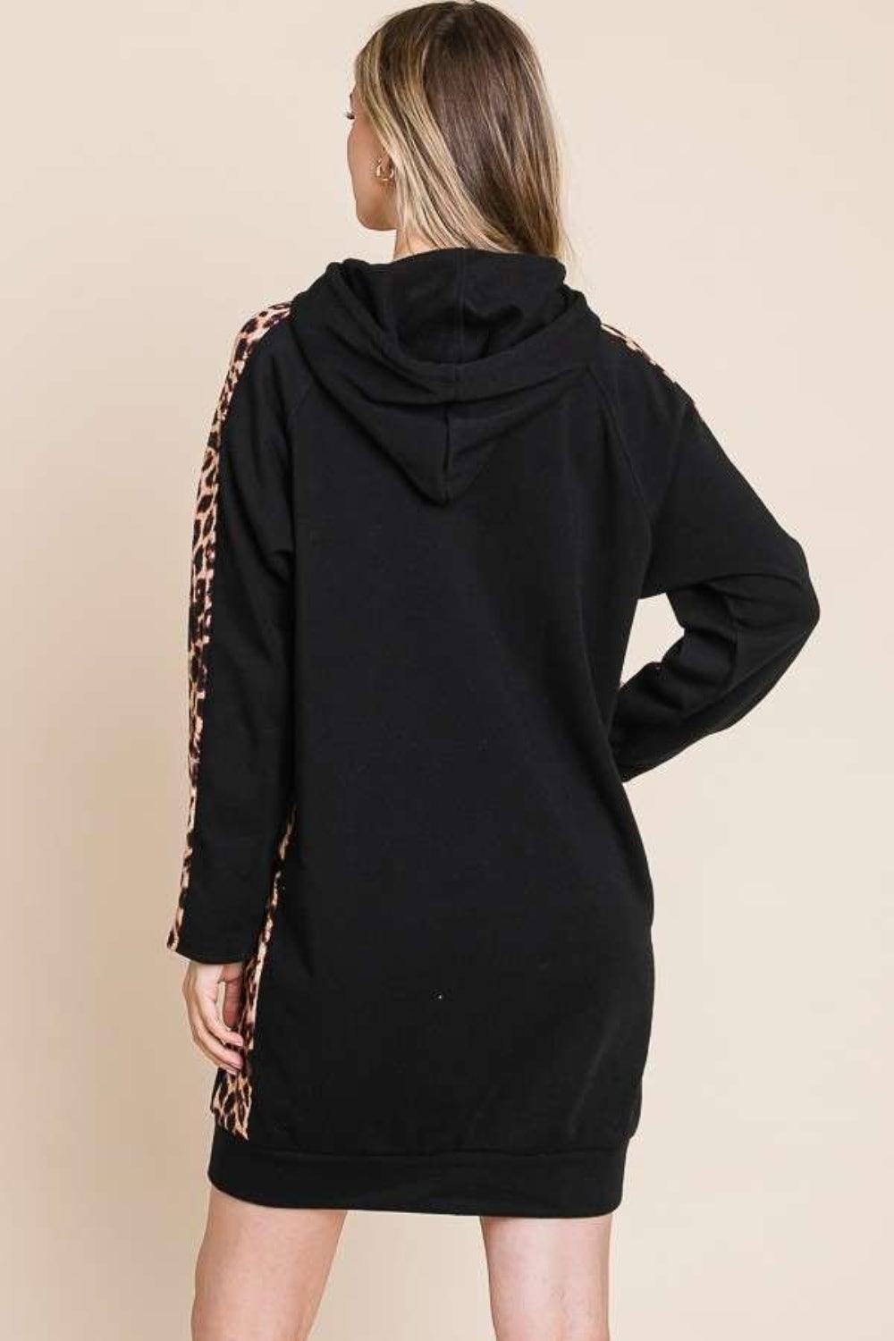 Culture Code Drawstring Leopard Long Sleeve Hooded Dress - ClubOn