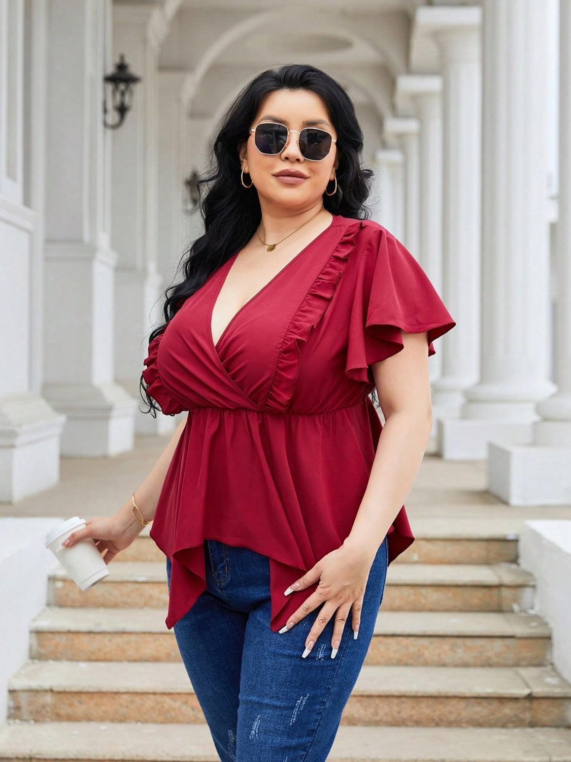 Plus Size Frill Surplice Flutter Sleeve Blouse - ClubOn