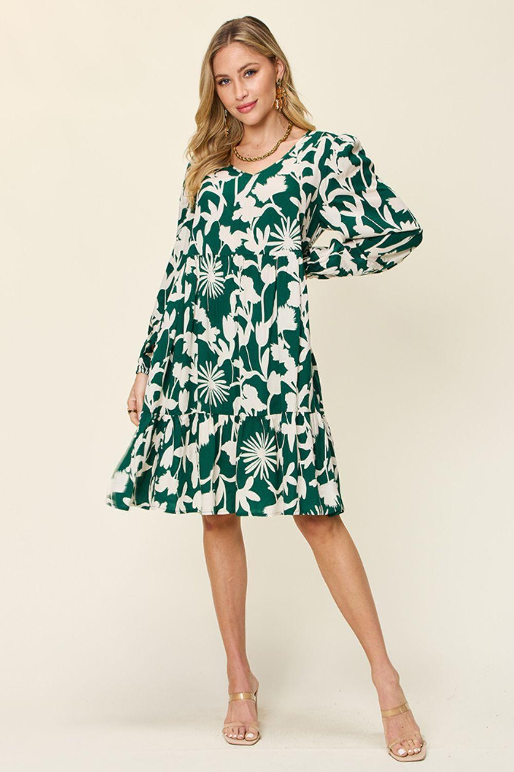 Double Take Full Size Printed Ruffle Hem Dress with Pocket - ClubOn